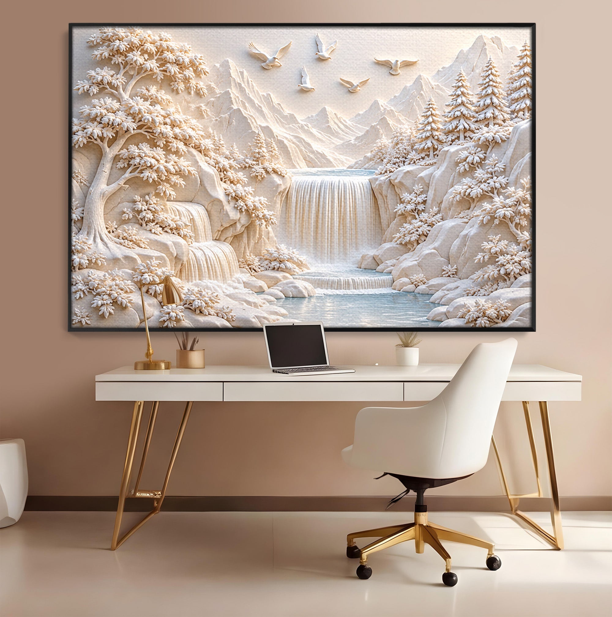 Tablou Canvas Premium LuxCanva® U1174, Peisaj Alpin Serafic, Cascada, Munti, Natura, Pasari, Peisaj, Living, Culori Vibrante