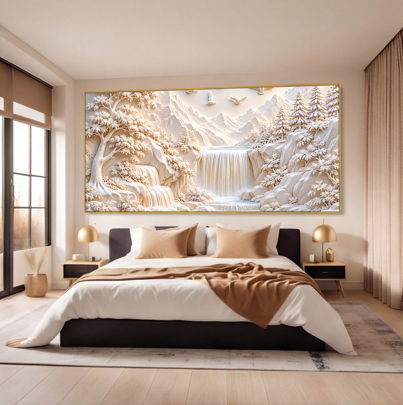 Tablou Canvas Premium LuxCanva® U1174, Peisaj Alpin Serafic, Cascada, Munti, Natura, Pasari, Peisaj, Living, Culori Vibrante