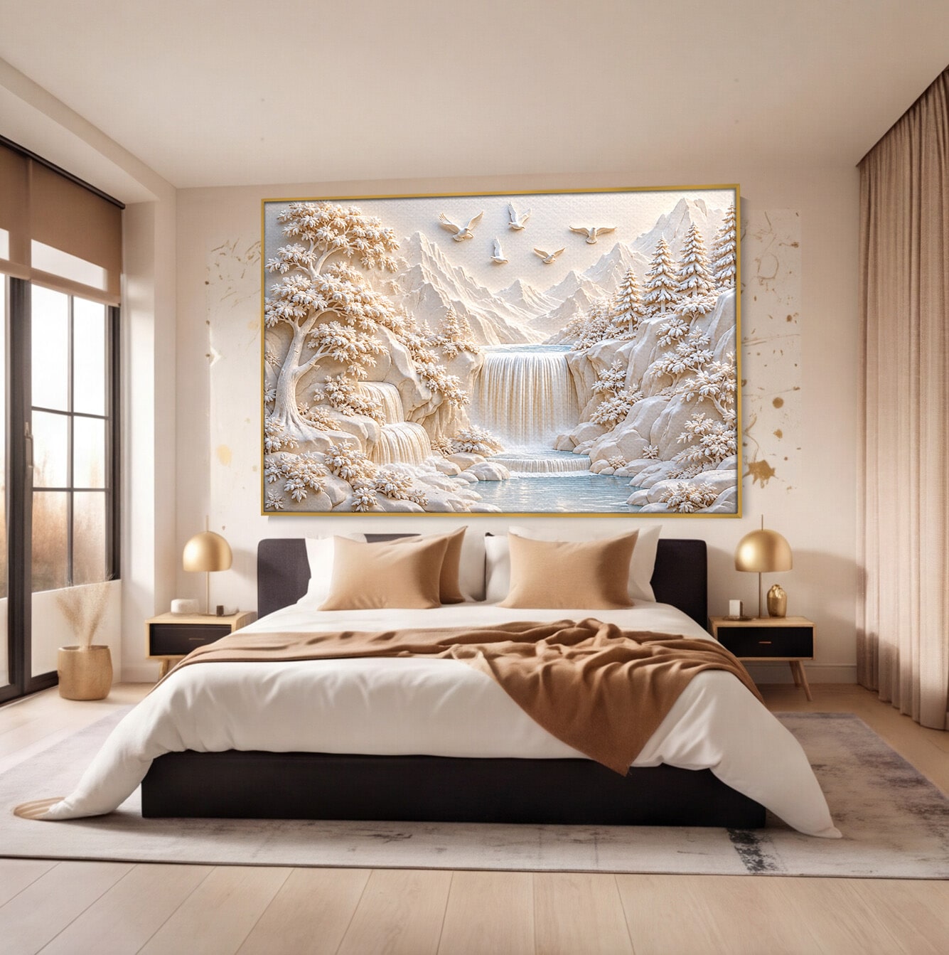 Tablou Canvas Premium LuxCanva® U1174, Peisaj Alpin Serafic, Cascada, Munti, Natura, Pasari, Peisaj, Living, Culori Vibrante