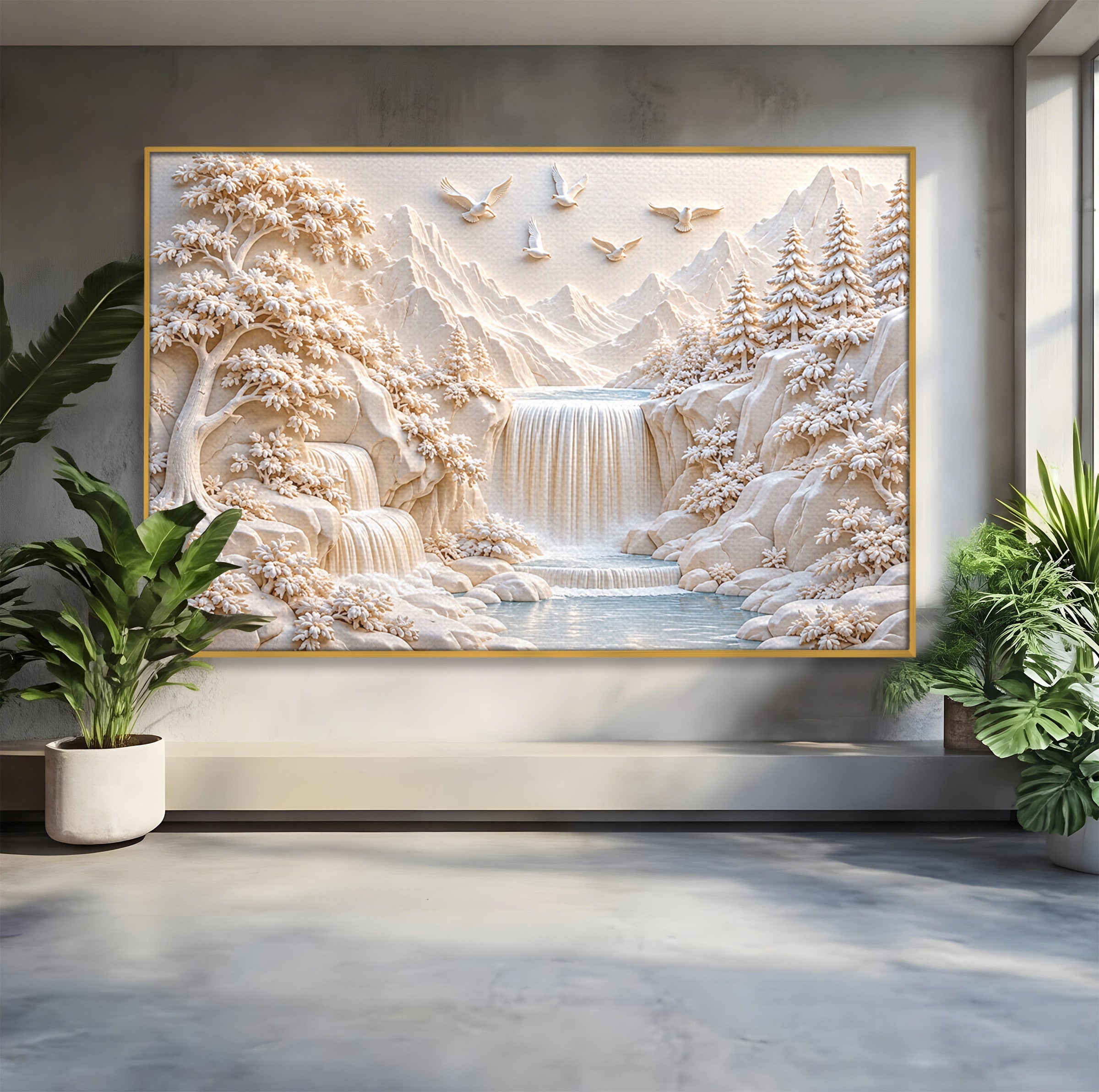 Tablou Canvas Premium LuxCanva® U1174, Peisaj Alpin Serafic, Cascada, Munti, Natura, Pasari, Peisaj, Living, Culori Vibrante