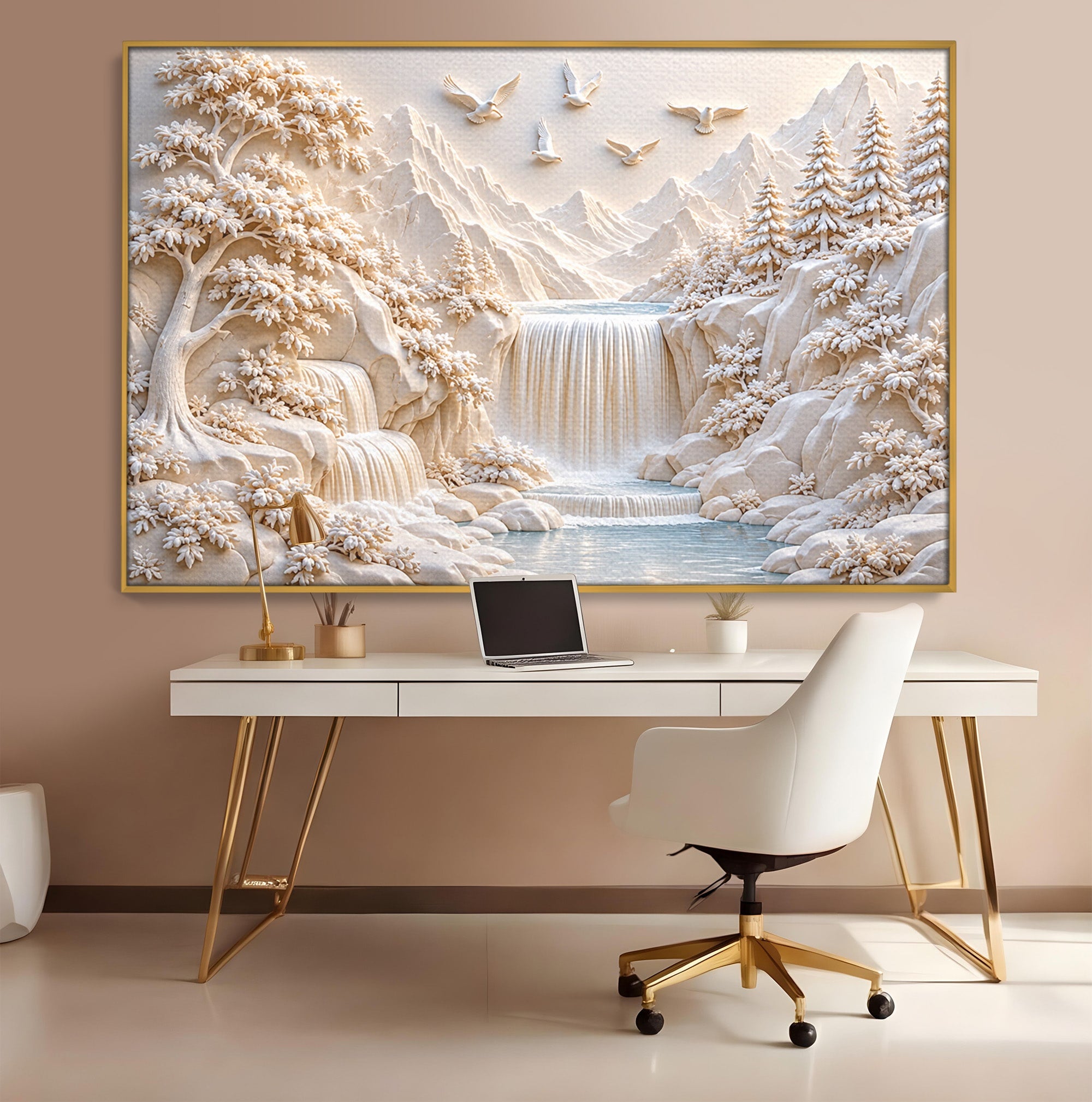 Tablou Canvas Premium LuxCanva® U1174, Peisaj Alpin Serafic, Cascada, Munti, Natura, Pasari, Peisaj, Living, Culori Vibrante