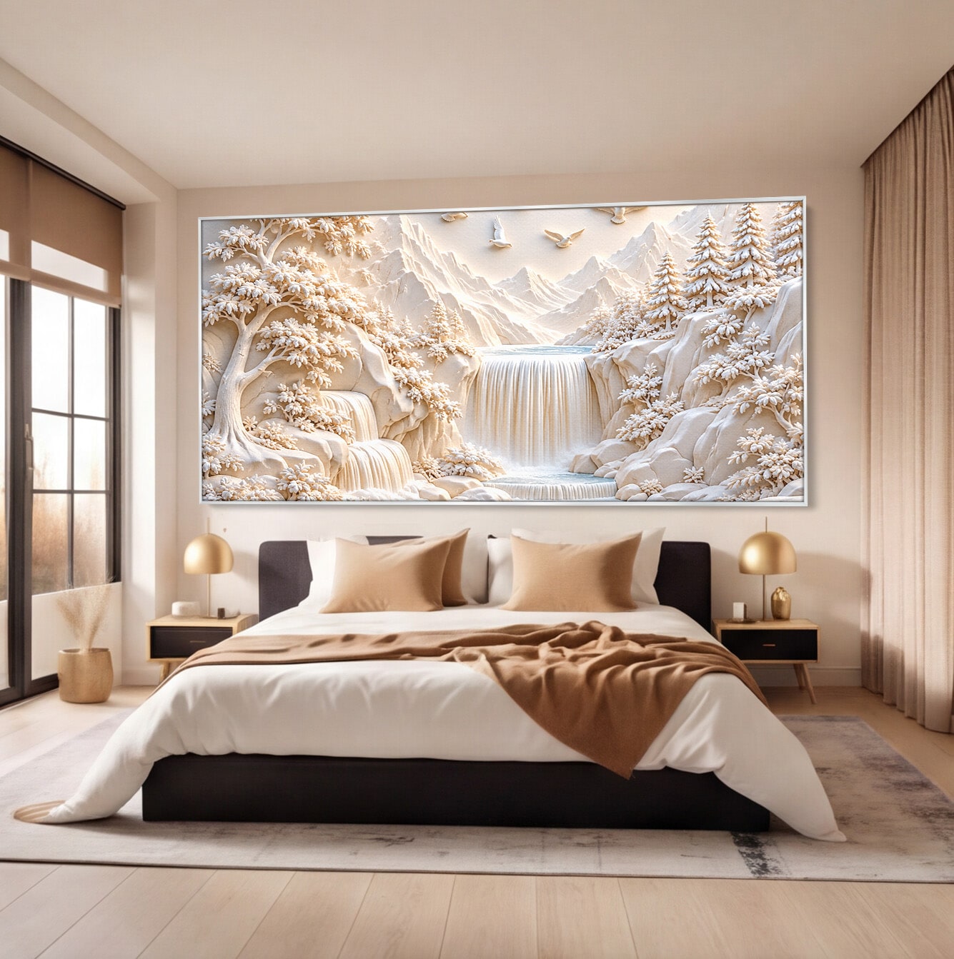 Tablou Canvas Premium LuxCanva® U1174, Peisaj Alpin Serafic, Cascada, Munti, Natura, Pasari, Peisaj, Living, Culori Vibrante