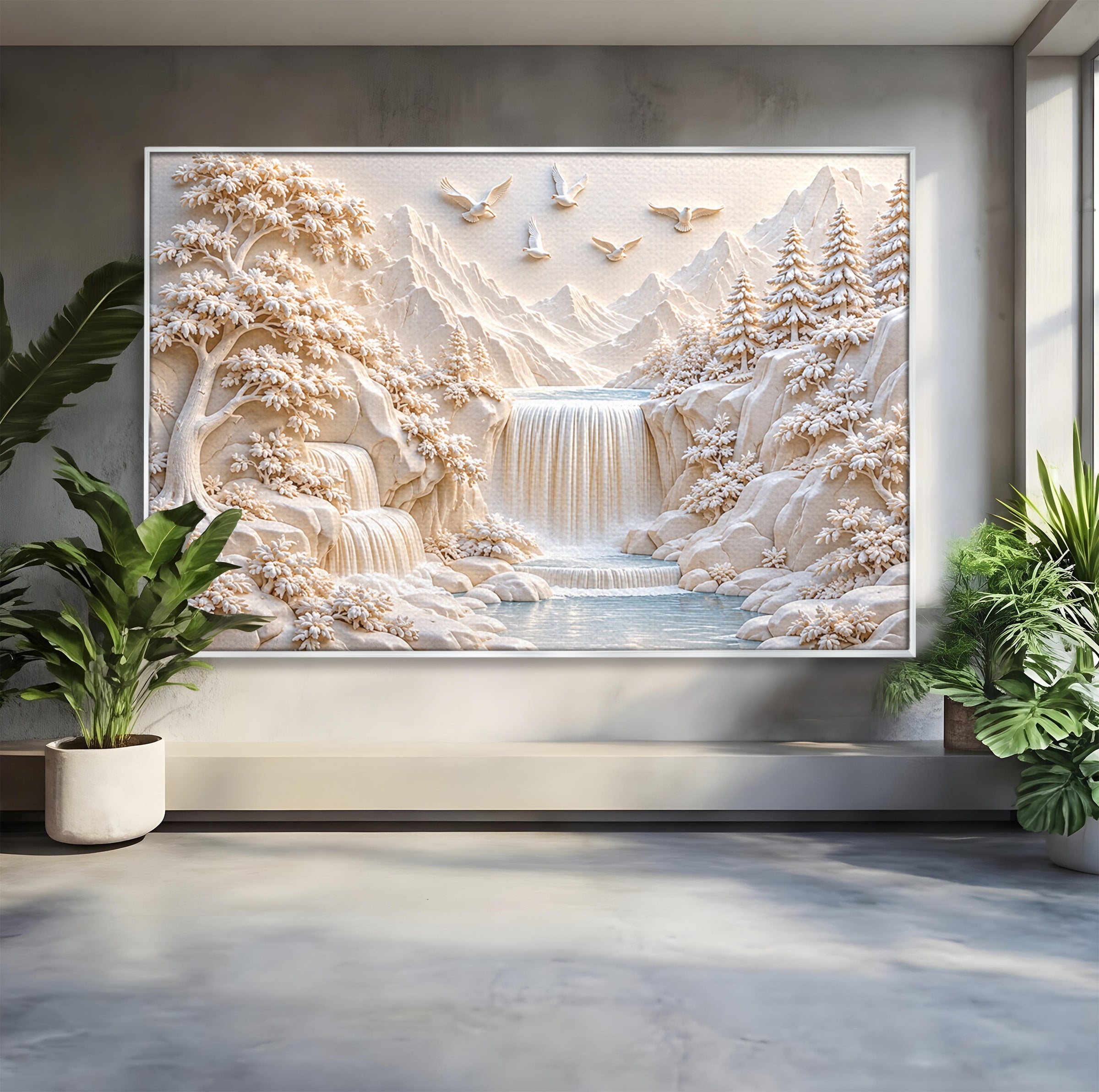 Tablou Canvas Premium LuxCanva® U1174, Peisaj Alpin Serafic, Cascada, Munti, Natura, Pasari, Peisaj, Living, Culori Vibrante