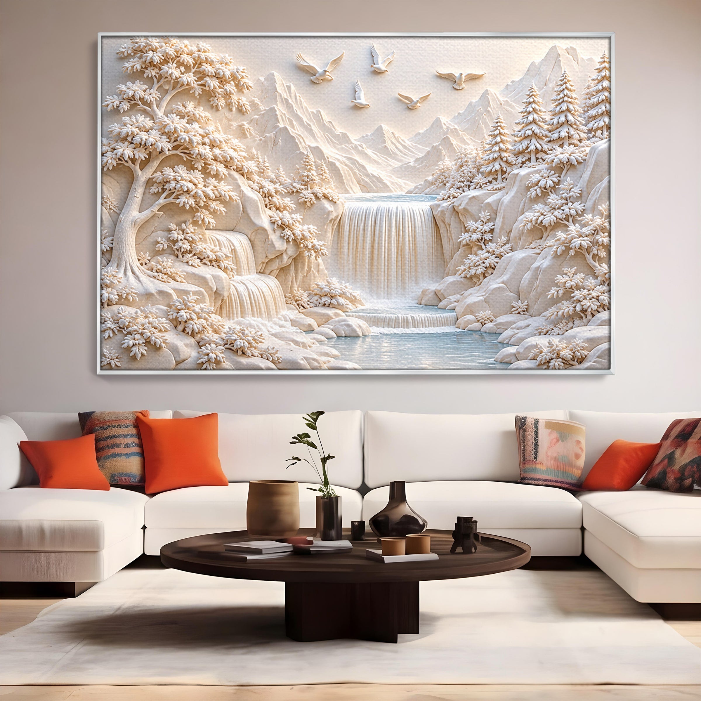 Tablou Canvas Premium LuxCanva® U1174, Peisaj Alpin Serafic, Cascada, Munti, Natura, Pasari, Peisaj, Living, Culori Vibrante