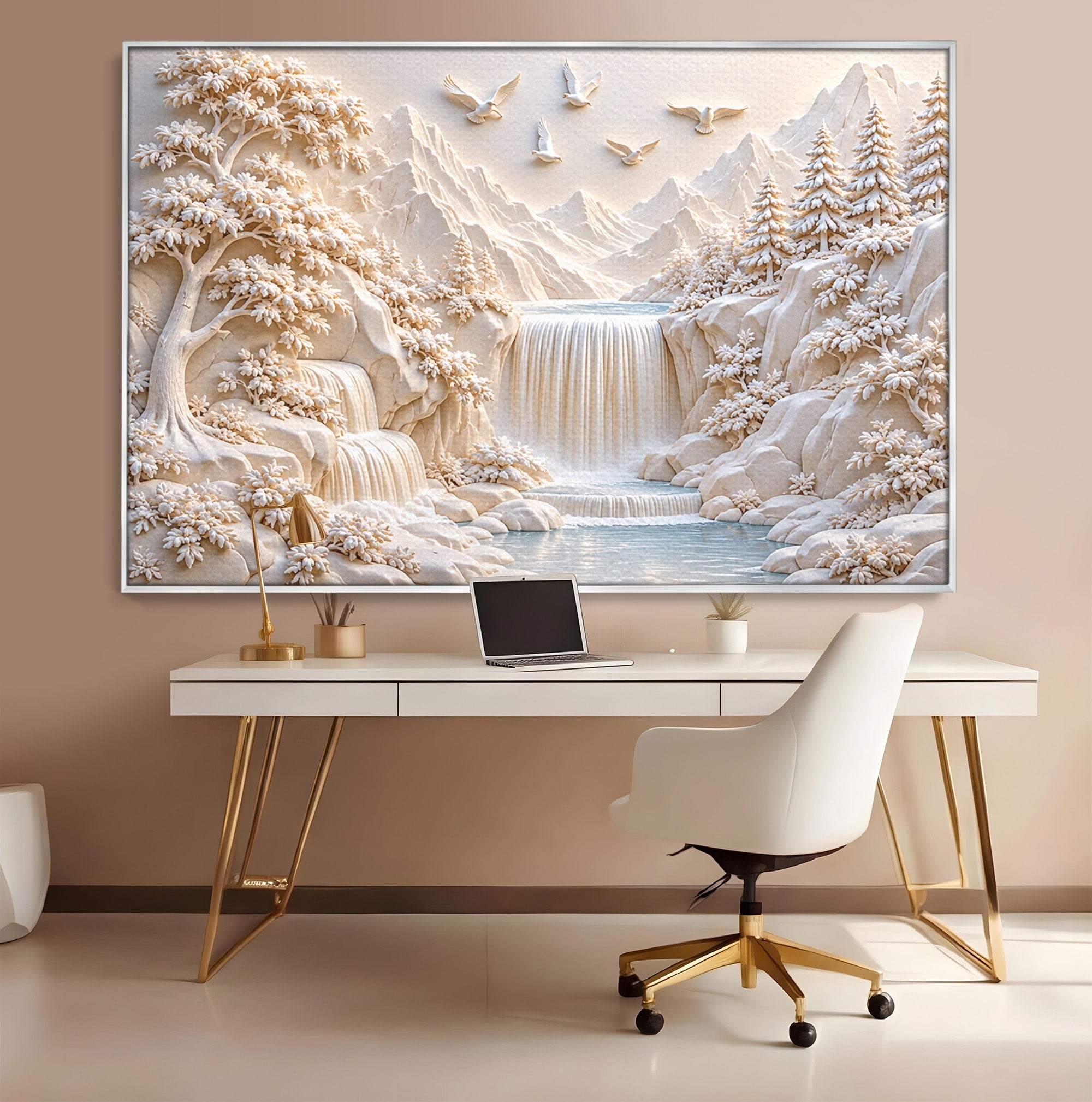 Tablou Canvas Premium LuxCanva® U1174, Peisaj Alpin Serafic, Cascada, Munti, Natura, Pasari, Peisaj, Living, Culori Vibrante