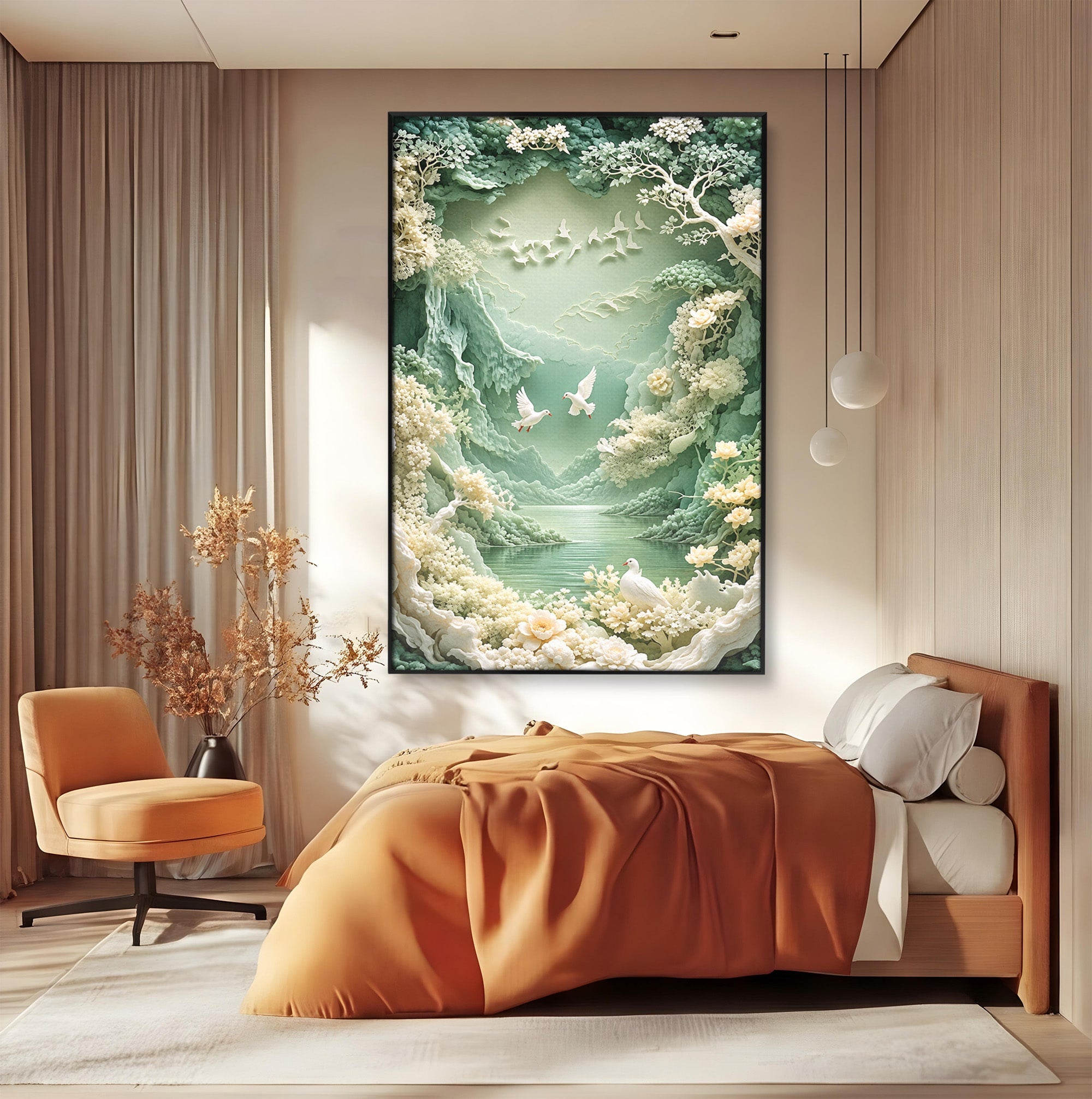 Tablou Canvas Premium LuxCanva® U1175, Lacul Pastelat, Natura, Pasari, Flori, Lac, Dormitor, Culori Vibrante