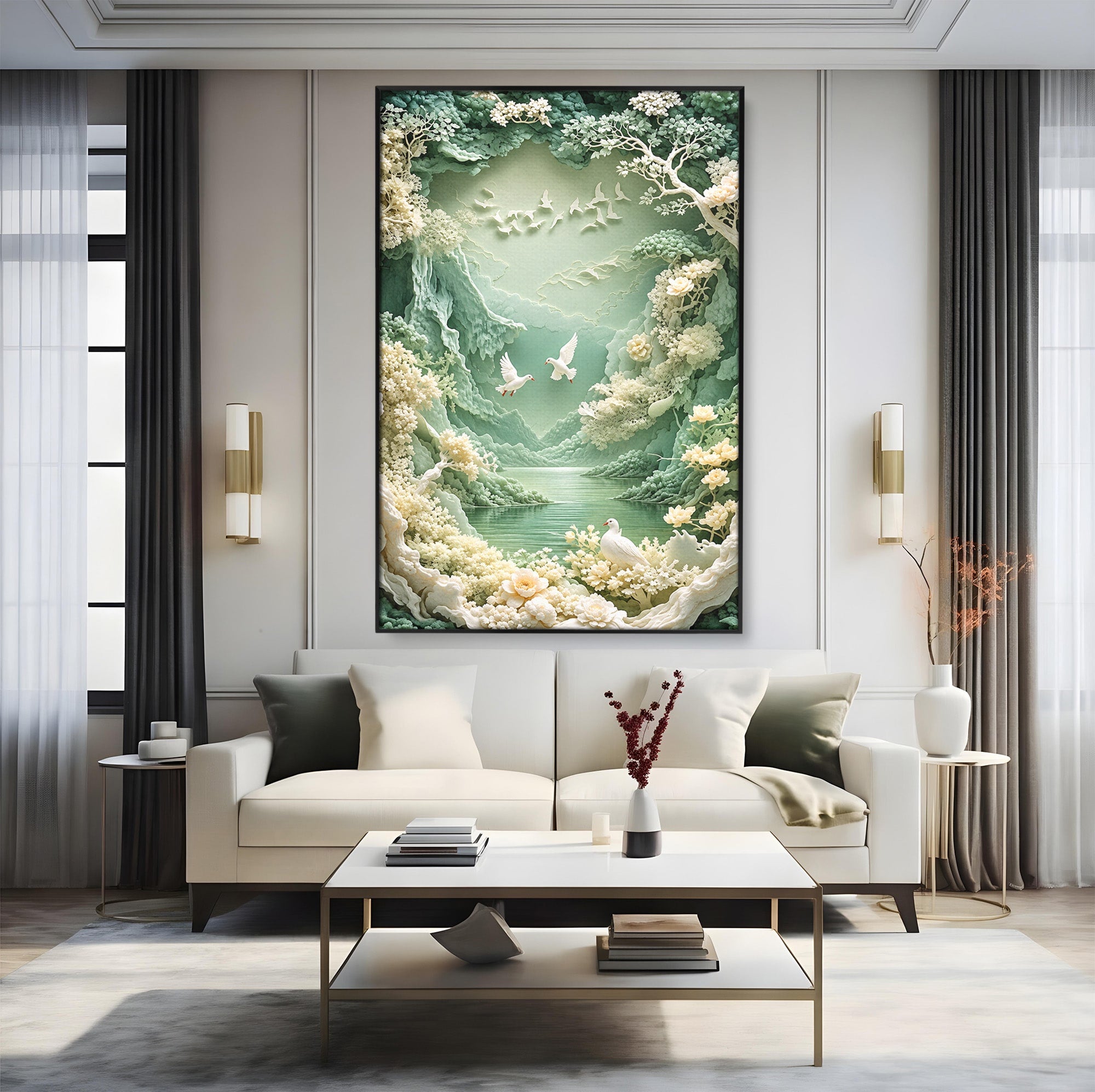 Tablou Canvas Premium LuxCanva® U1175, Lacul Pastelat, Natura, Pasari, Flori, Lac, Dormitor, Culori Vibrante