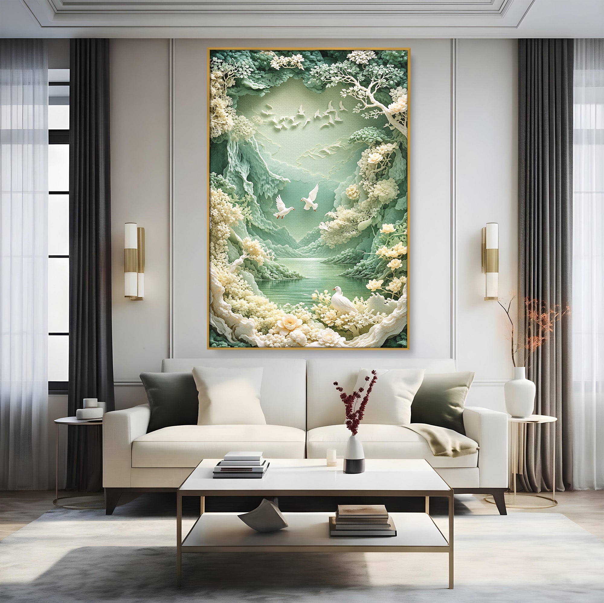 Tablou Canvas Premium LuxCanva® U1175, Lacul Pastelat, Natura, Pasari, Flori, Lac, Dormitor, Culori Vibrante
