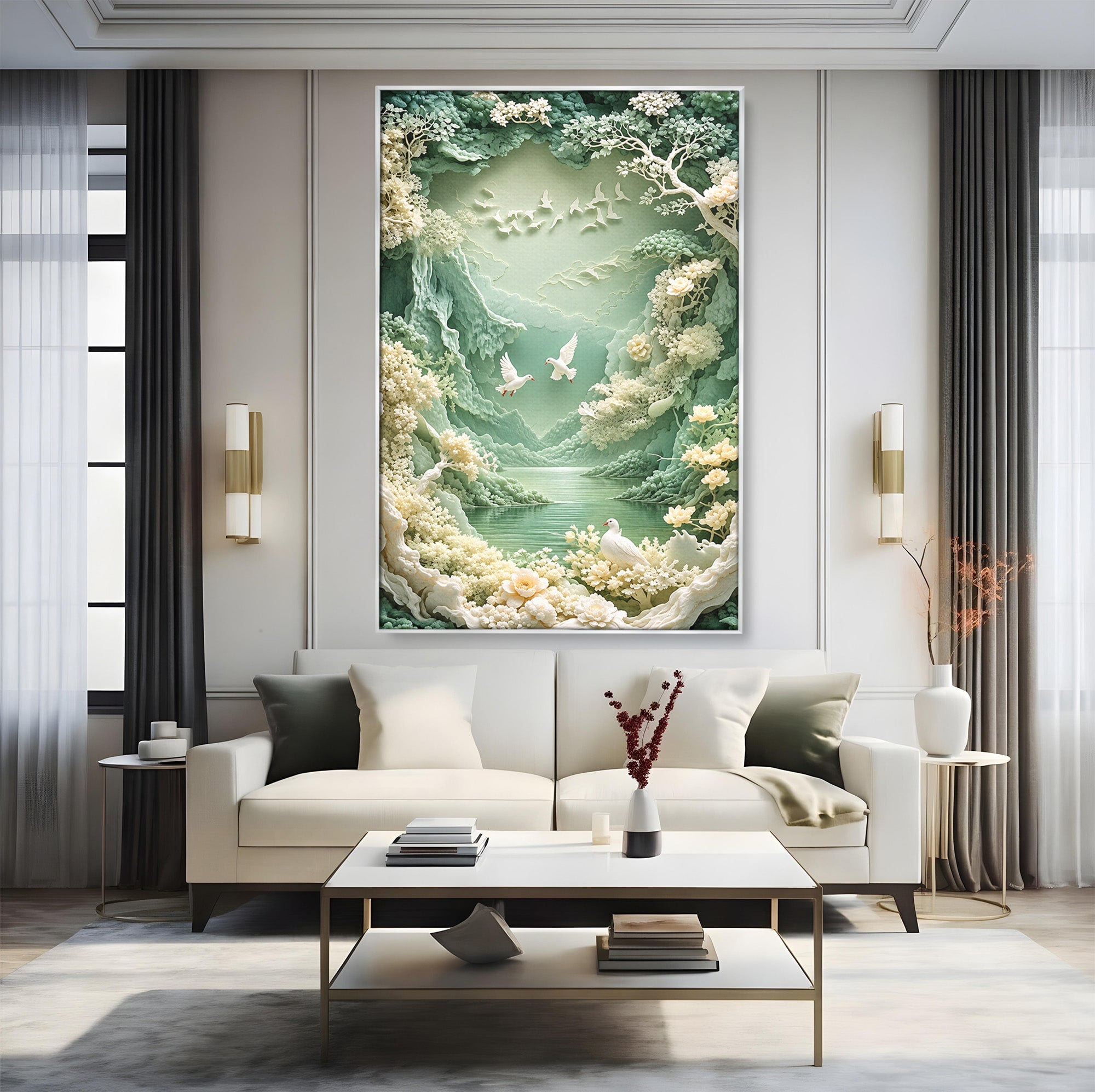 Tablou Canvas Premium LuxCanva® U1175, Lacul Pastelat, Natura, Pasari, Flori, Lac, Dormitor, Culori Vibrante