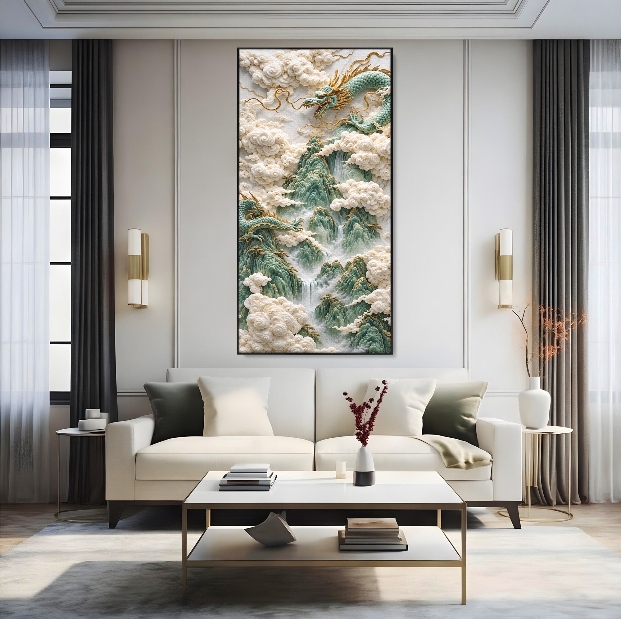 Tablou Canvas Premium LuxCanva® U1176, Dragonii Printre Nori, Fantezie, Mitologie, Dragon, Nori, Living, Culori Vibrante