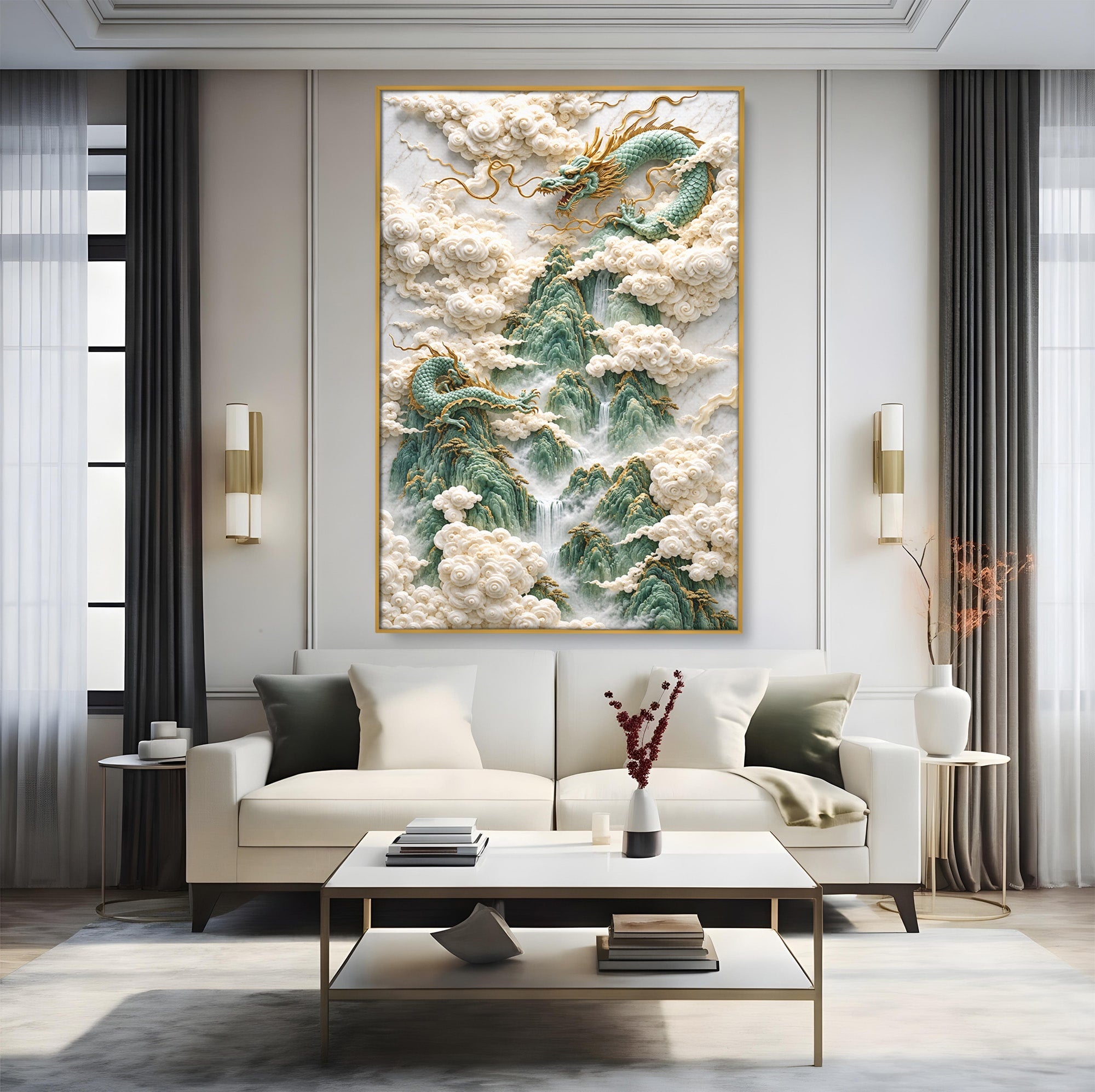 Tablou Canvas Premium LuxCanva® U1176, Dragonii Printre Nori, Fantezie, Mitologie, Dragon, Nori, Living, Culori Vibrante