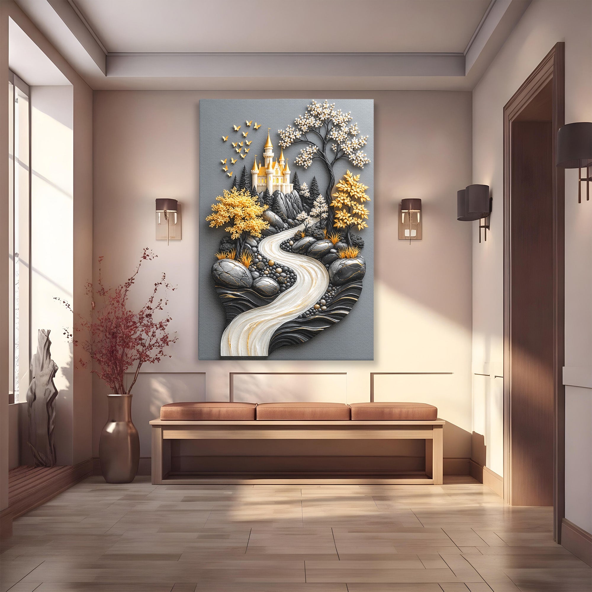 Tablou Canvas Premium LuxCanva® U1178, Castelul Fermecat, Peisaj, Rau, Natura, Castel, Living, Culori Vibrante