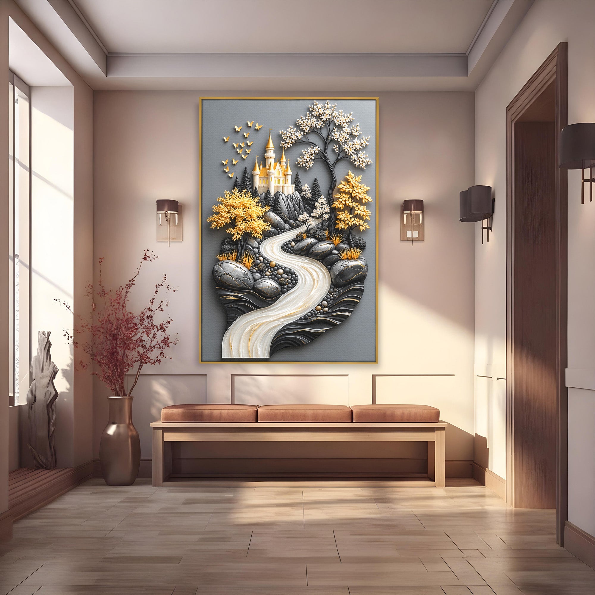 Tablou Canvas Premium LuxCanva® U1178, Castelul Fermecat, Peisaj, Rau, Natura, Castel, Living, Culori Vibrante