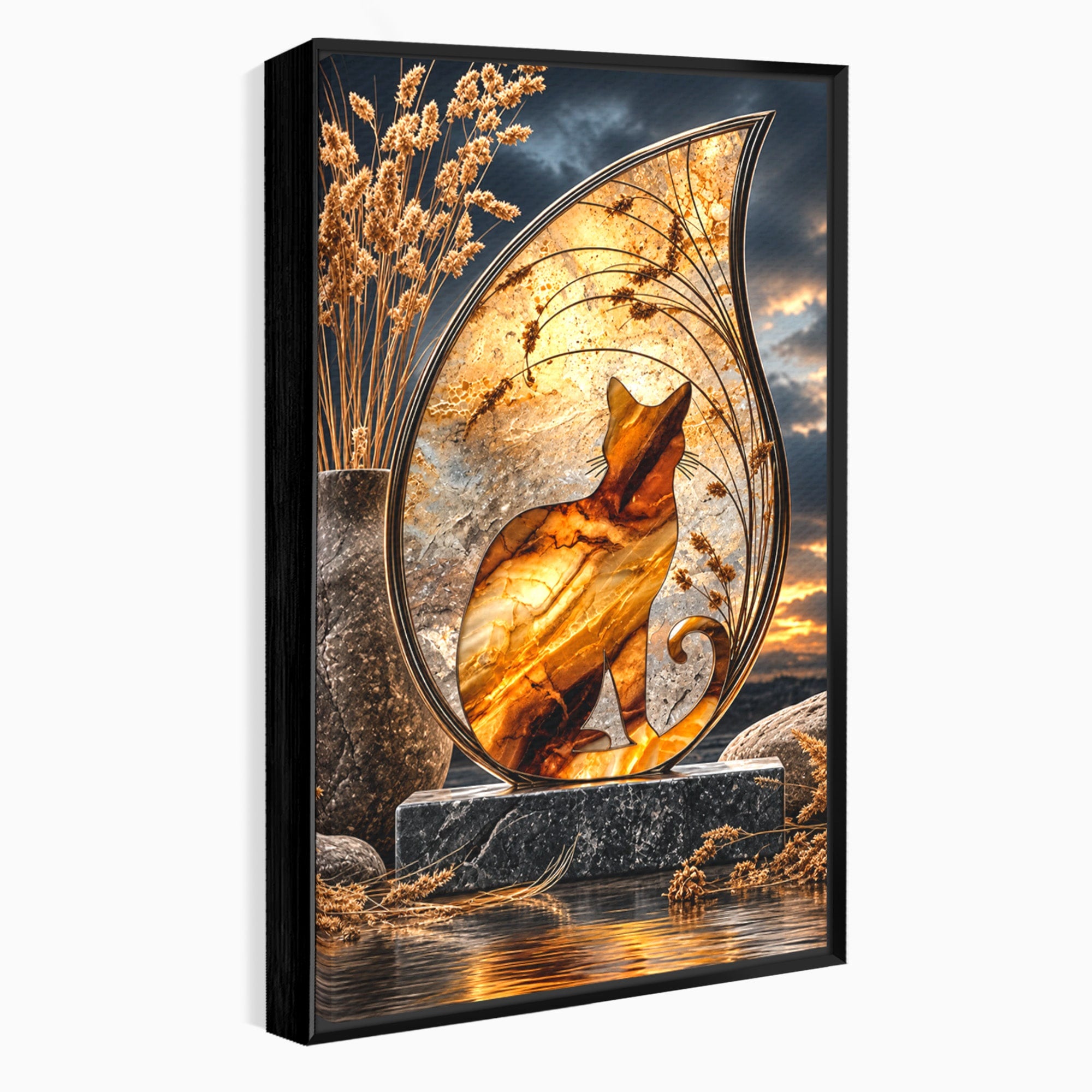 Tablou Canvas Premium LuxCanva® U1182, Silhouette Felina La Apus, Pisica, Arta, Decor, Lux, Dormitor, Culori Vibrante