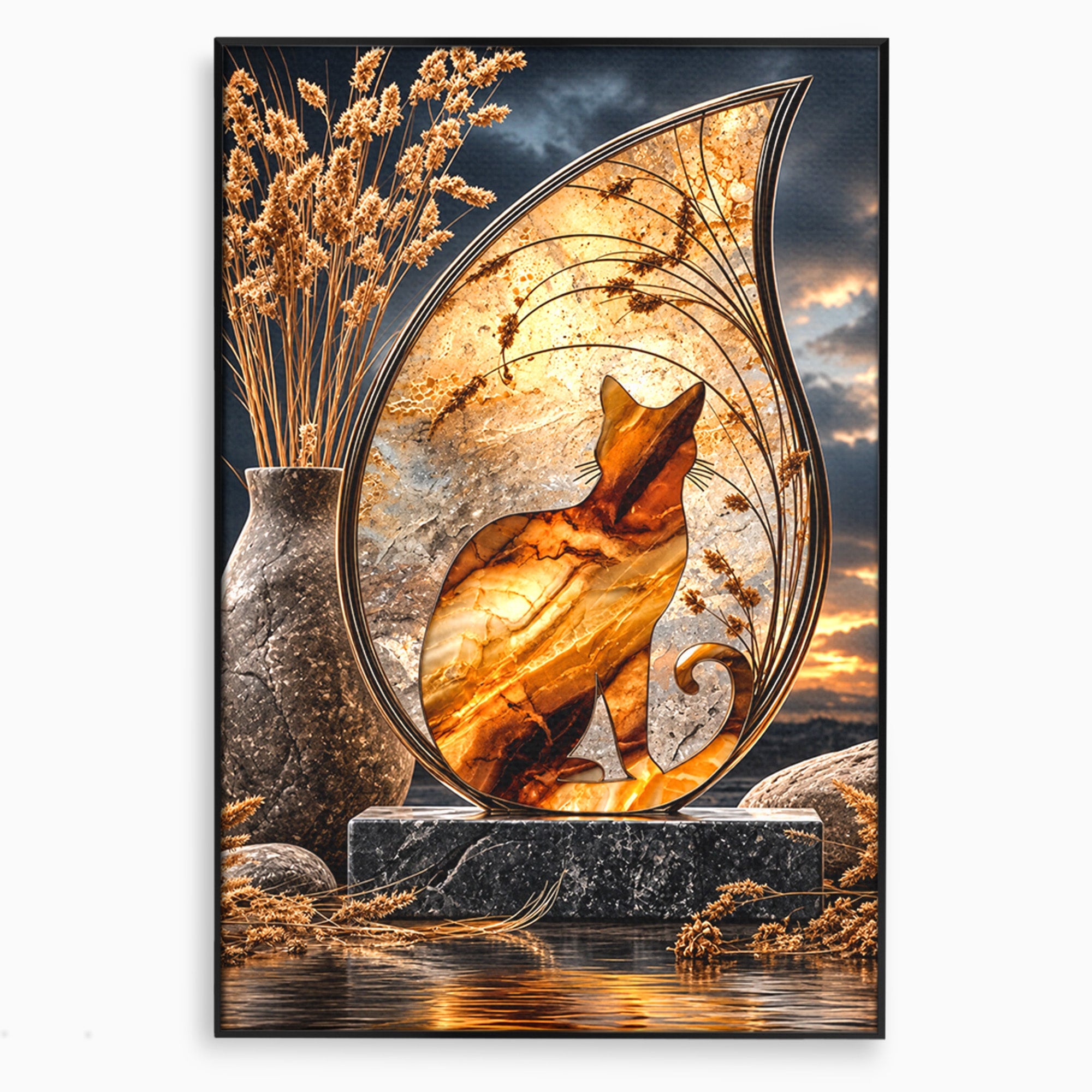 Tablou Canvas Premium LuxCanva® U1182, Silhouette Felina La Apus, Pisica, Arta, Decor, Lux, Dormitor, Culori Vibrante