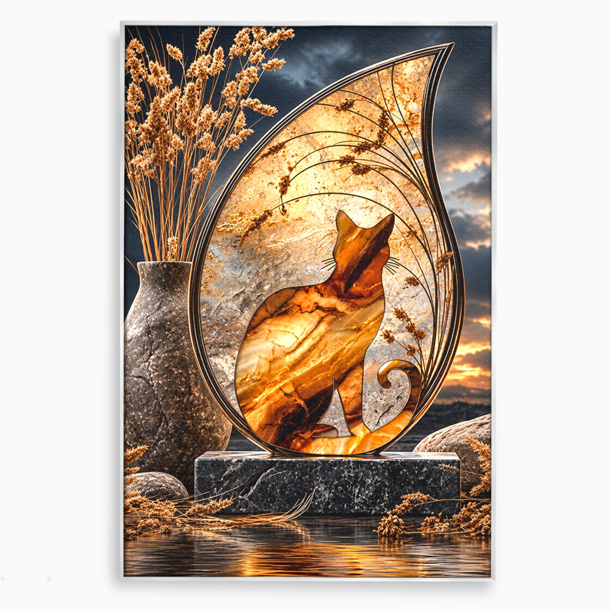 Tablou Canvas Premium LuxCanva® U1182, Silhouette Felina La Apus, Pisica, Arta, Decor, Lux, Dormitor, Culori Vibrante