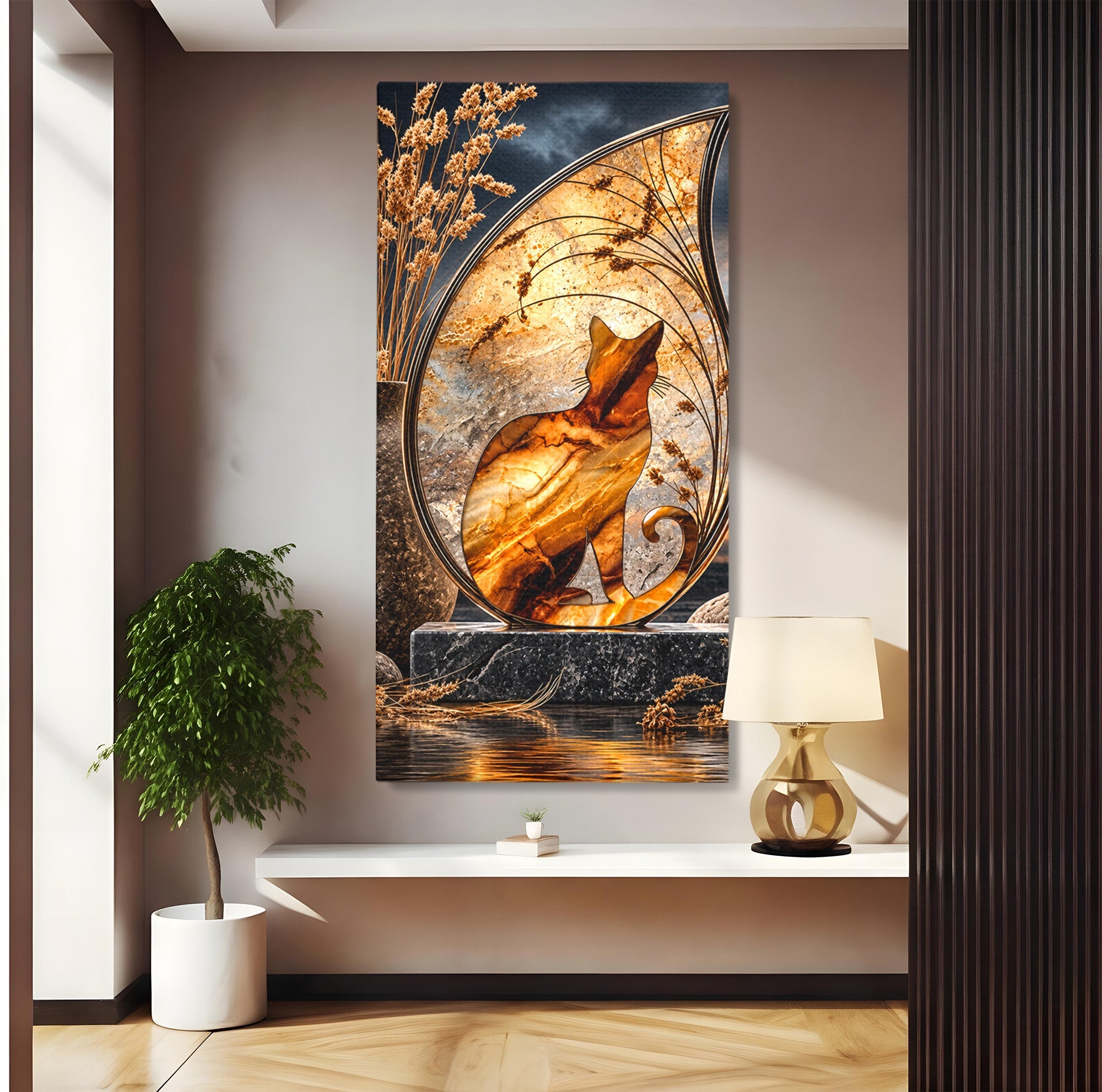 Tablou Canvas Premium LuxCanva® U1182, Silhouette Felina La Apus, Pisica, Arta, Decor, Lux, Dormitor, Culori Vibrante
