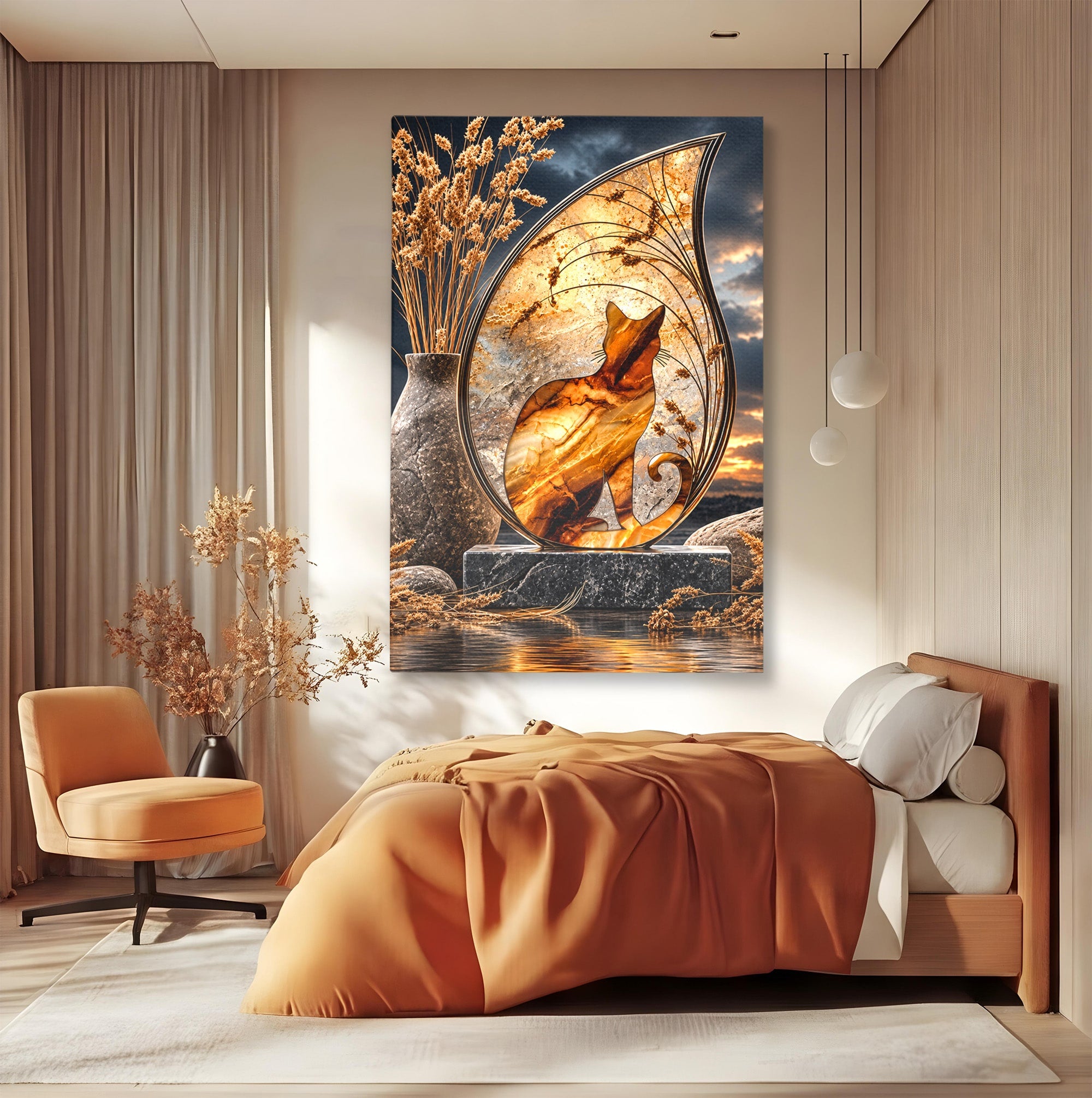 Tablou Canvas Premium LuxCanva® U1182, Silhouette Felina La Apus, Pisica, Arta, Decor, Lux, Dormitor, Culori Vibrante