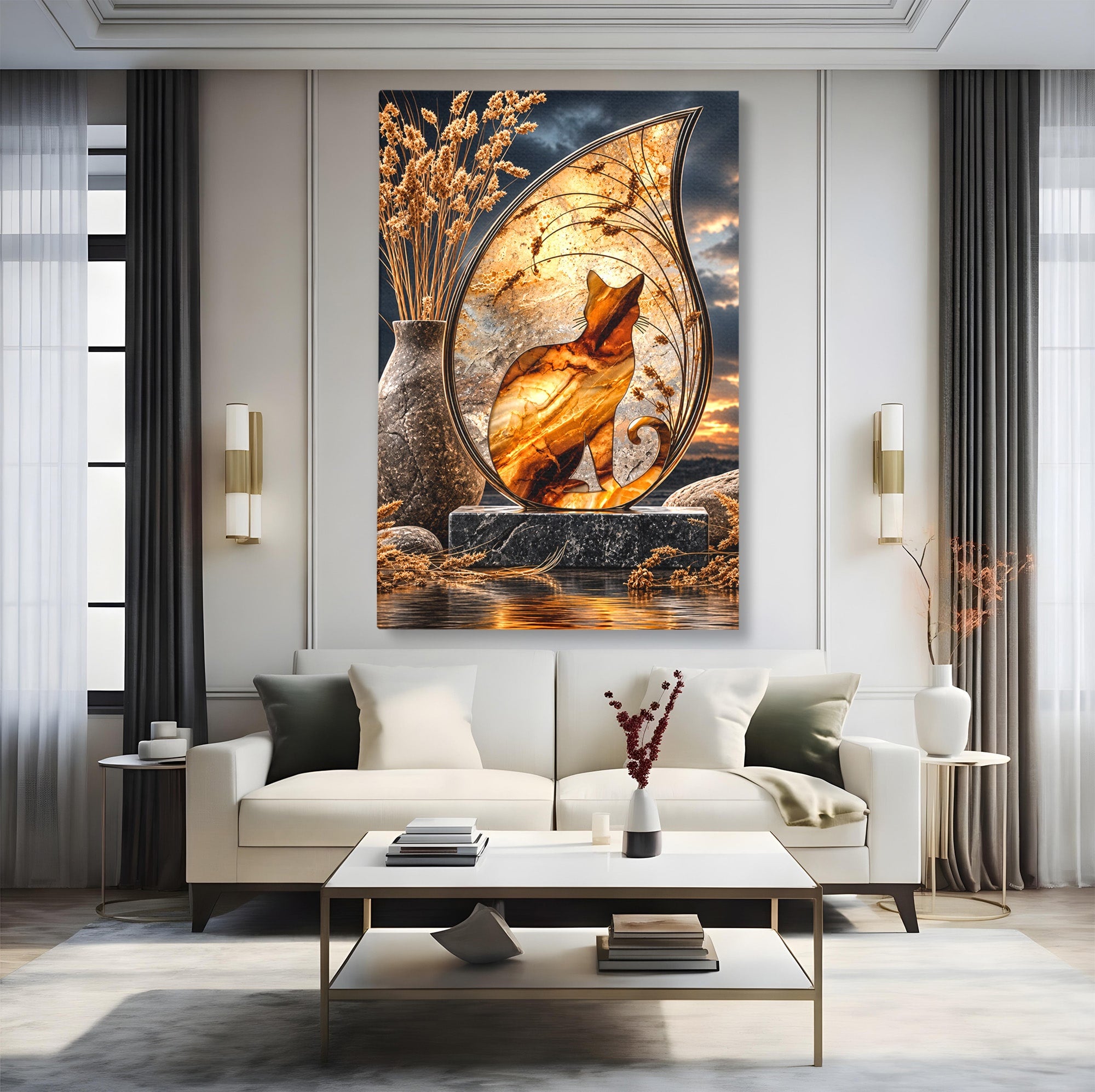Tablou Canvas Premium LuxCanva® U1182, Silhouette Felina La Apus, Pisica, Arta, Decor, Lux, Dormitor, Culori Vibrante