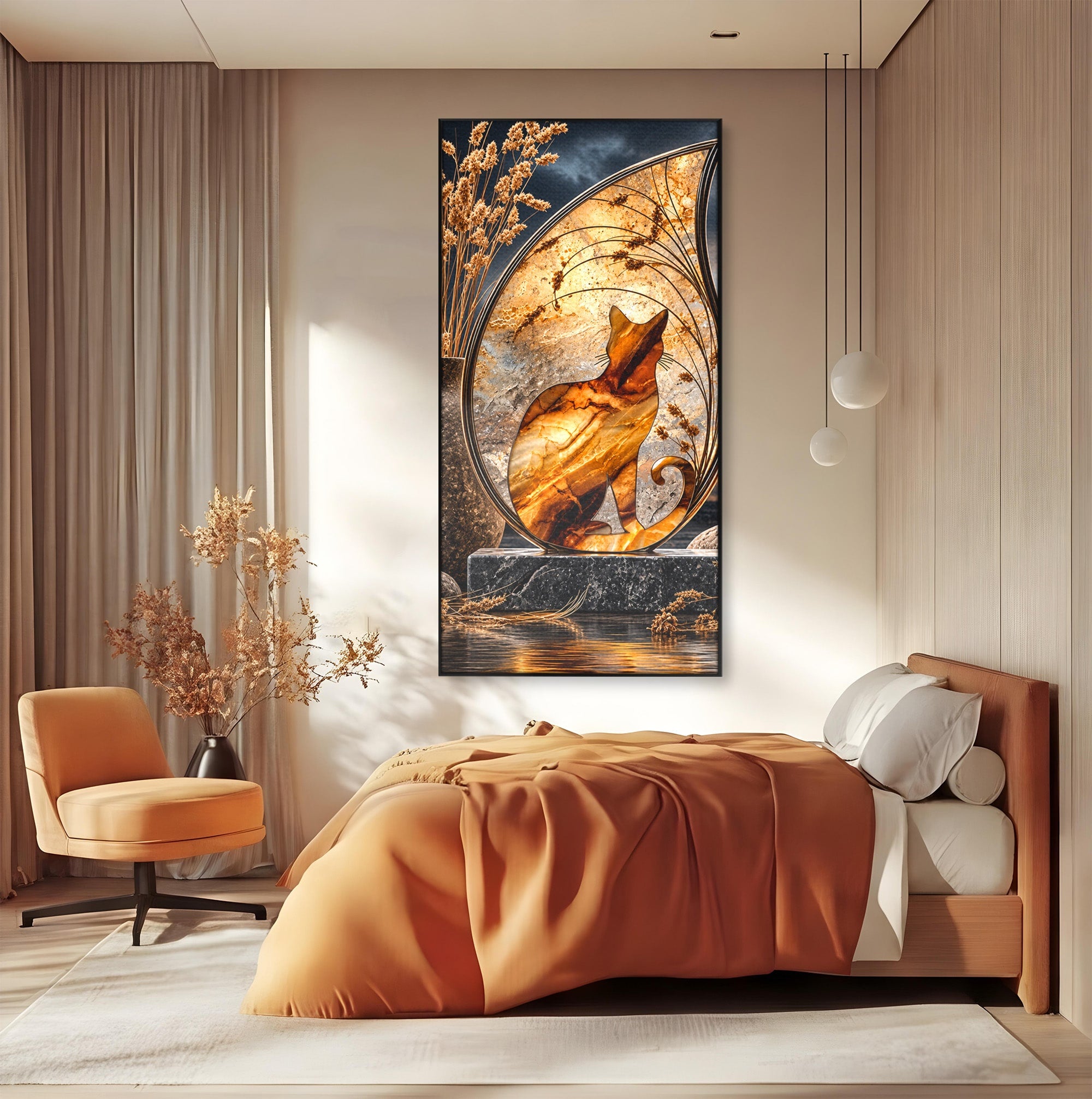 Tablou Canvas Premium LuxCanva® U1182, Silhouette Felina La Apus, Pisica, Arta, Decor, Lux, Dormitor, Culori Vibrante