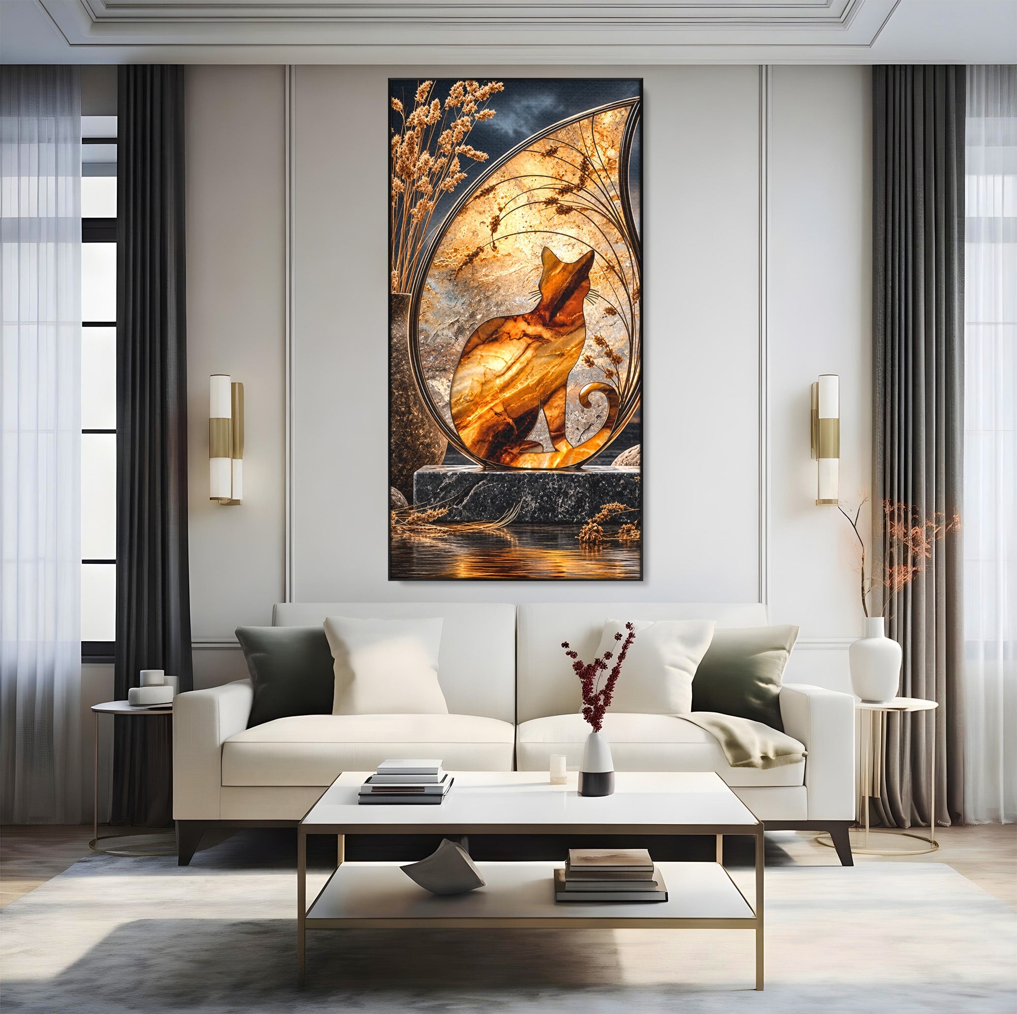 Tablou Canvas Premium LuxCanva® U1182, Silhouette Felina La Apus, Pisica, Arta, Decor, Lux, Dormitor, Culori Vibrante