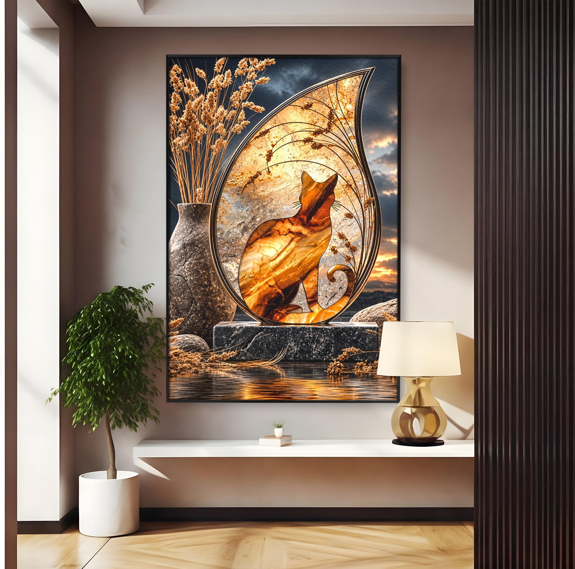 Tablou Canvas Premium LuxCanva® U1182, Silhouette Felina La Apus, Pisica, Arta, Decor, Lux, Dormitor, Culori Vibrante