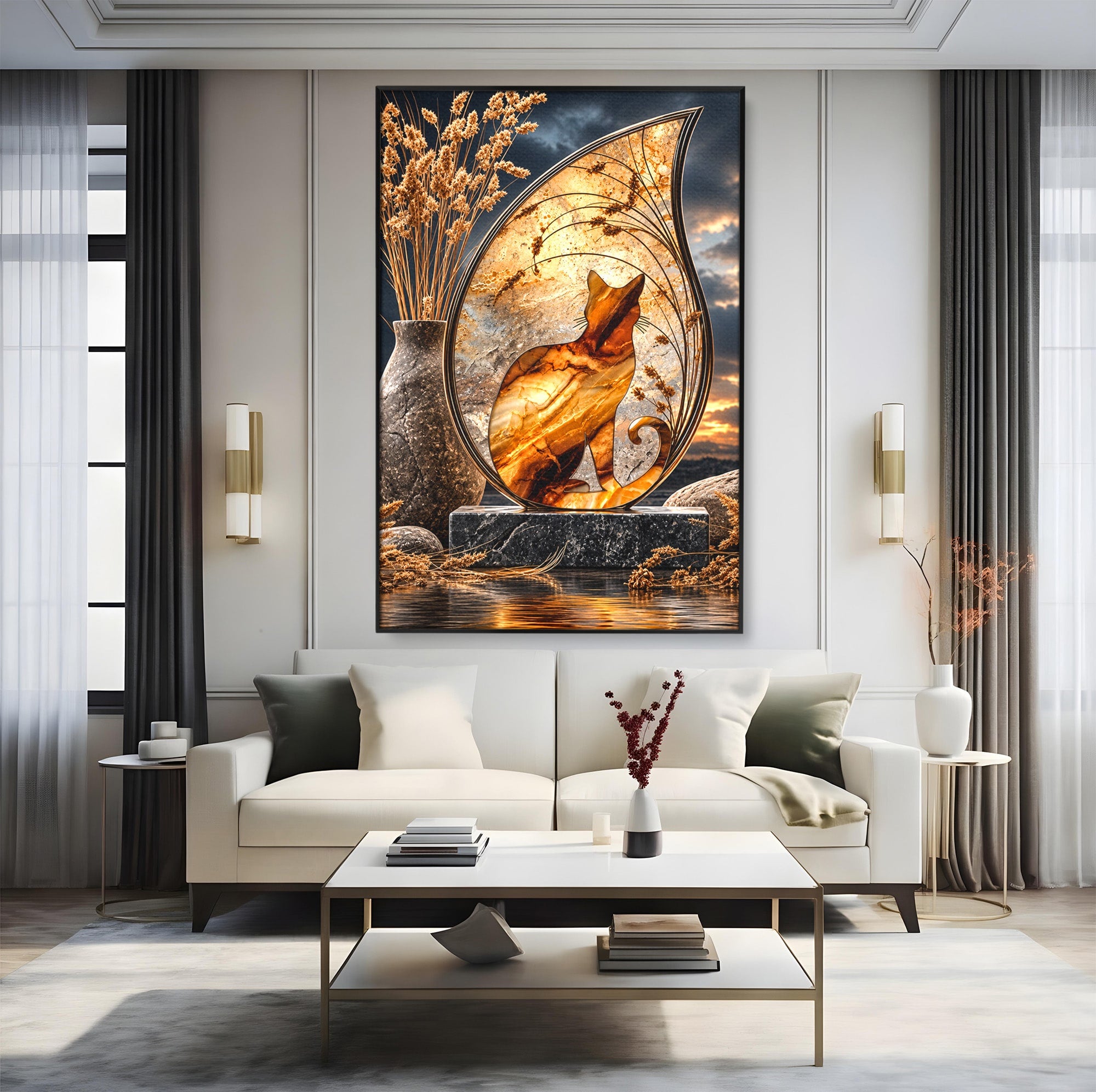 Tablou Canvas Premium LuxCanva® U1182, Silhouette Felina La Apus, Pisica, Arta, Decor, Lux, Dormitor, Culori Vibrante