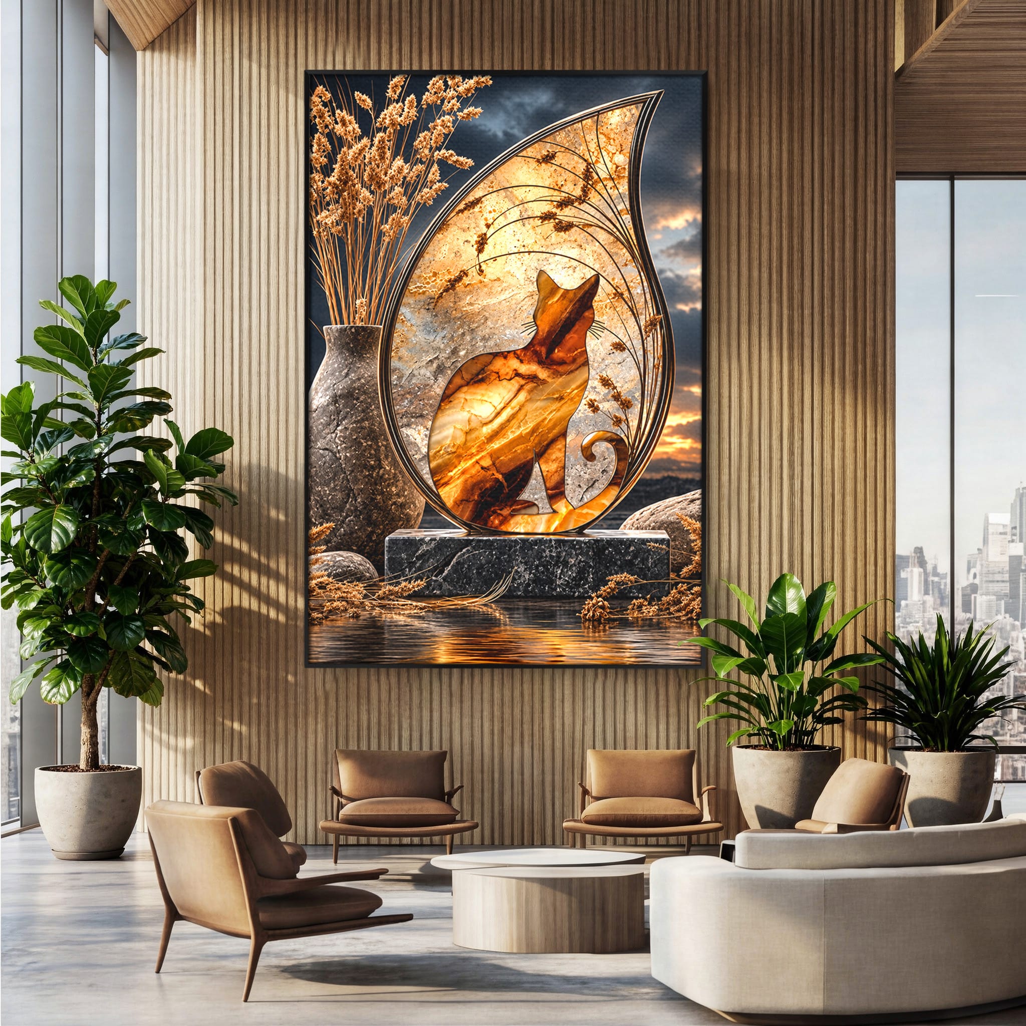 Tablou Canvas Premium LuxCanva® U1182, Silhouette Felina La Apus, Pisica, Arta, Decor, Lux, Dormitor, Culori Vibrante