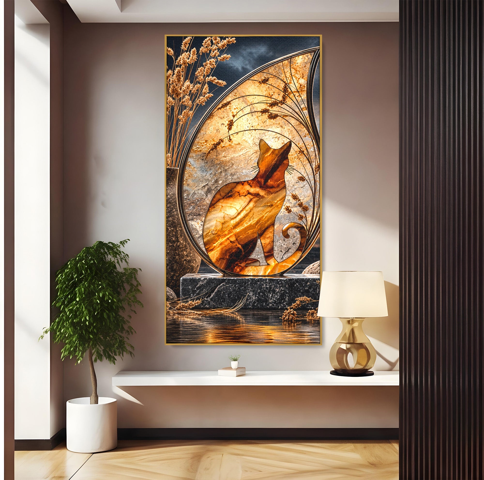 Tablou Canvas Premium LuxCanva® U1182, Silhouette Felina La Apus, Pisica, Arta, Decor, Lux, Dormitor, Culori Vibrante