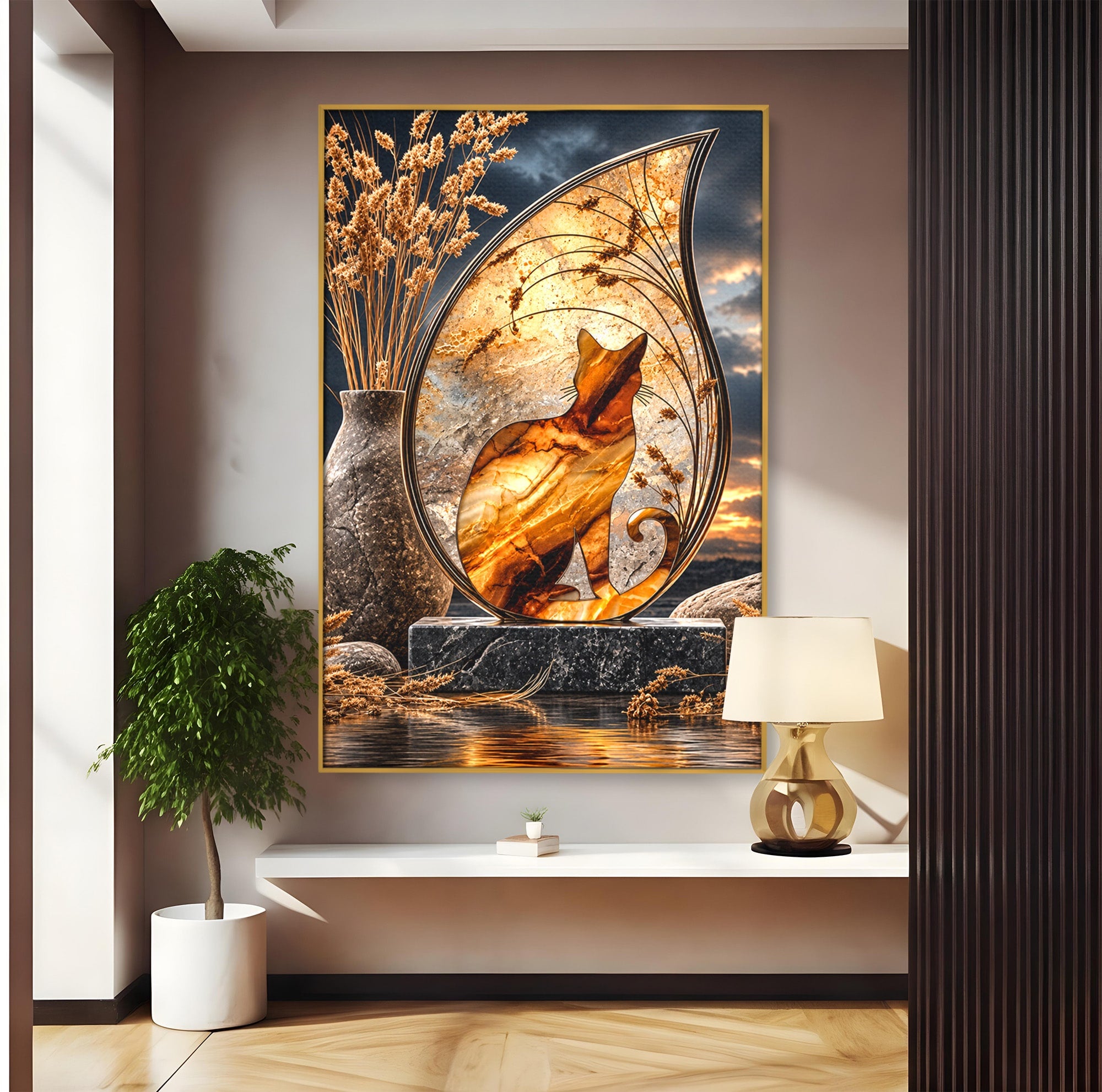 Tablou Canvas Premium LuxCanva® U1182, Silhouette Felina La Apus, Pisica, Arta, Decor, Lux, Dormitor, Culori Vibrante