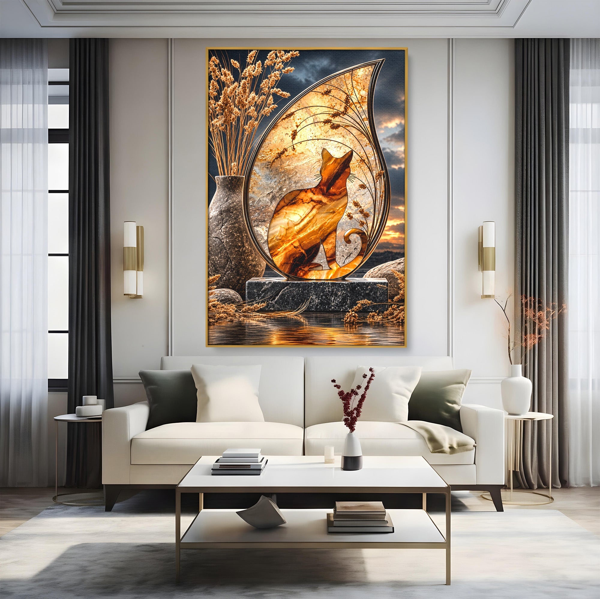 Tablou Canvas Premium LuxCanva® U1182, Silhouette Felina La Apus, Pisica, Arta, Decor, Lux, Dormitor, Culori Vibrante