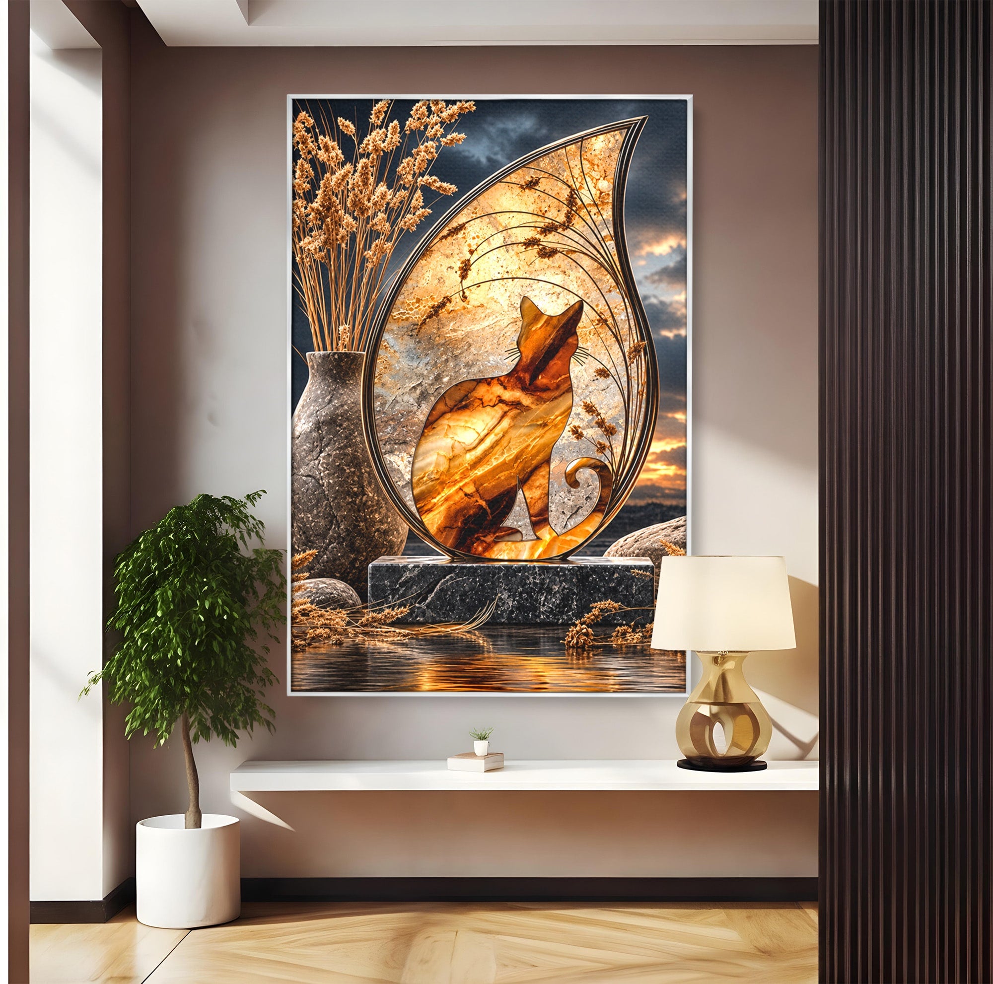 Tablou Canvas Premium LuxCanva® U1182, Silhouette Felina La Apus, Pisica, Arta, Decor, Lux, Dormitor, Culori Vibrante