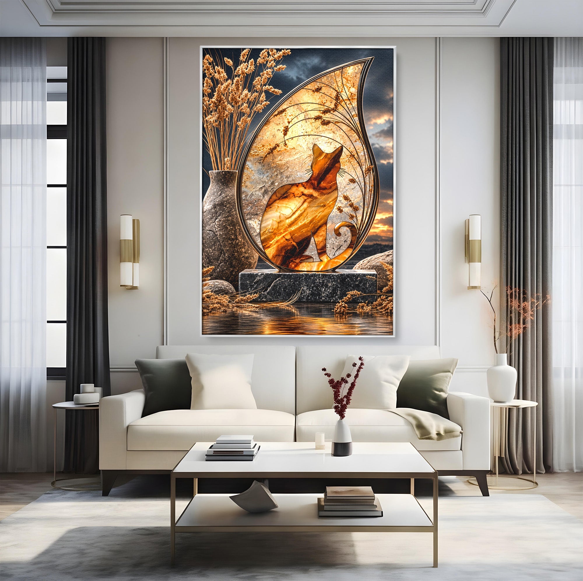Tablou Canvas Premium LuxCanva® U1182, Silhouette Felina La Apus, Pisica, Arta, Decor, Lux, Dormitor, Culori Vibrante