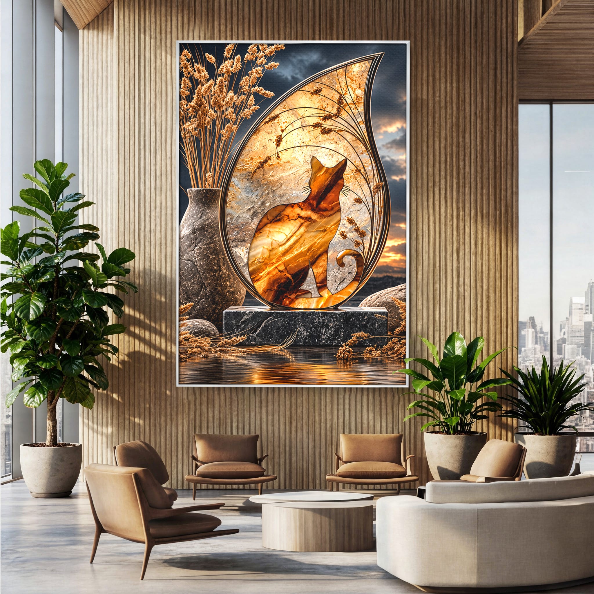 Tablou Canvas Premium LuxCanva® U1182, Silhouette Felina La Apus, Pisica, Arta, Decor, Lux, Dormitor, Culori Vibrante