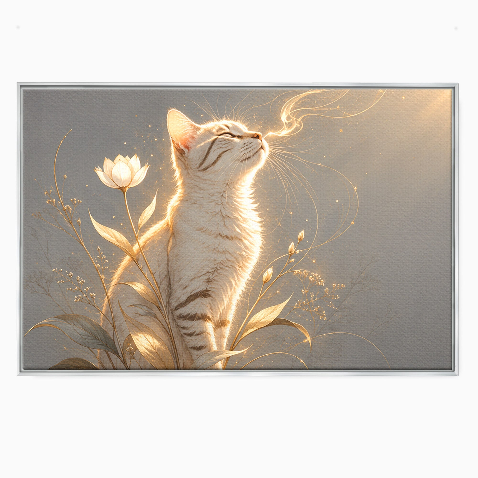 Tablou Canvas Premium LuxCanva® U1183, Pisica Visatoare, Flori, Visare, Eleganta, Pisica, Living, Culori Vibrante