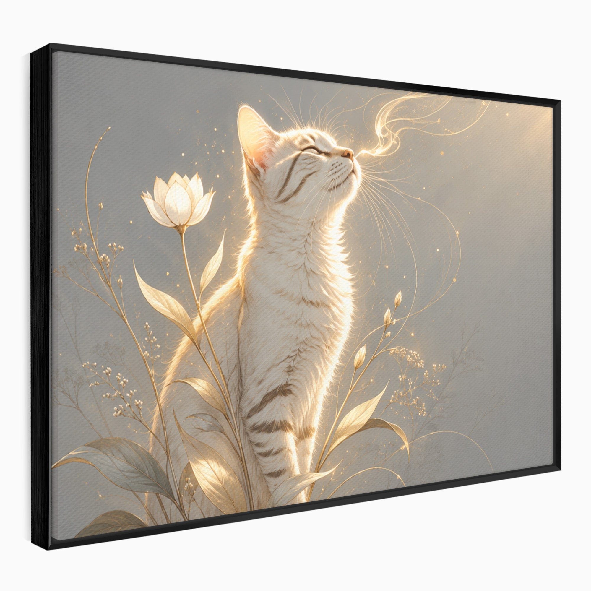 Tablou Canvas Premium LuxCanva® U1183, Pisica Visatoare, Flori, Visare, Eleganta, Pisica, Living, Culori Vibrante