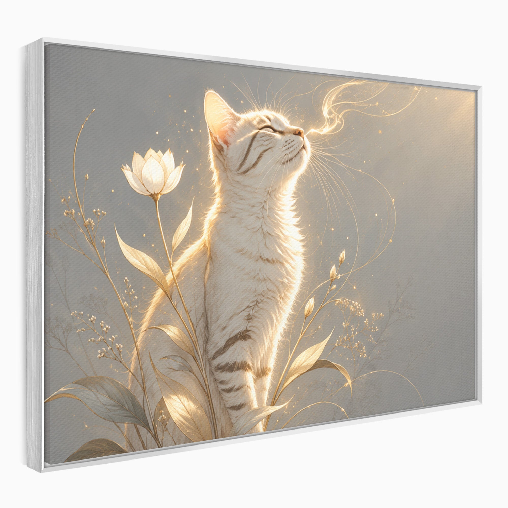 Tablou Canvas Premium LuxCanva® U1183, Pisica Visatoare, Flori, Visare, Eleganta, Pisica, Living, Culori Vibrante