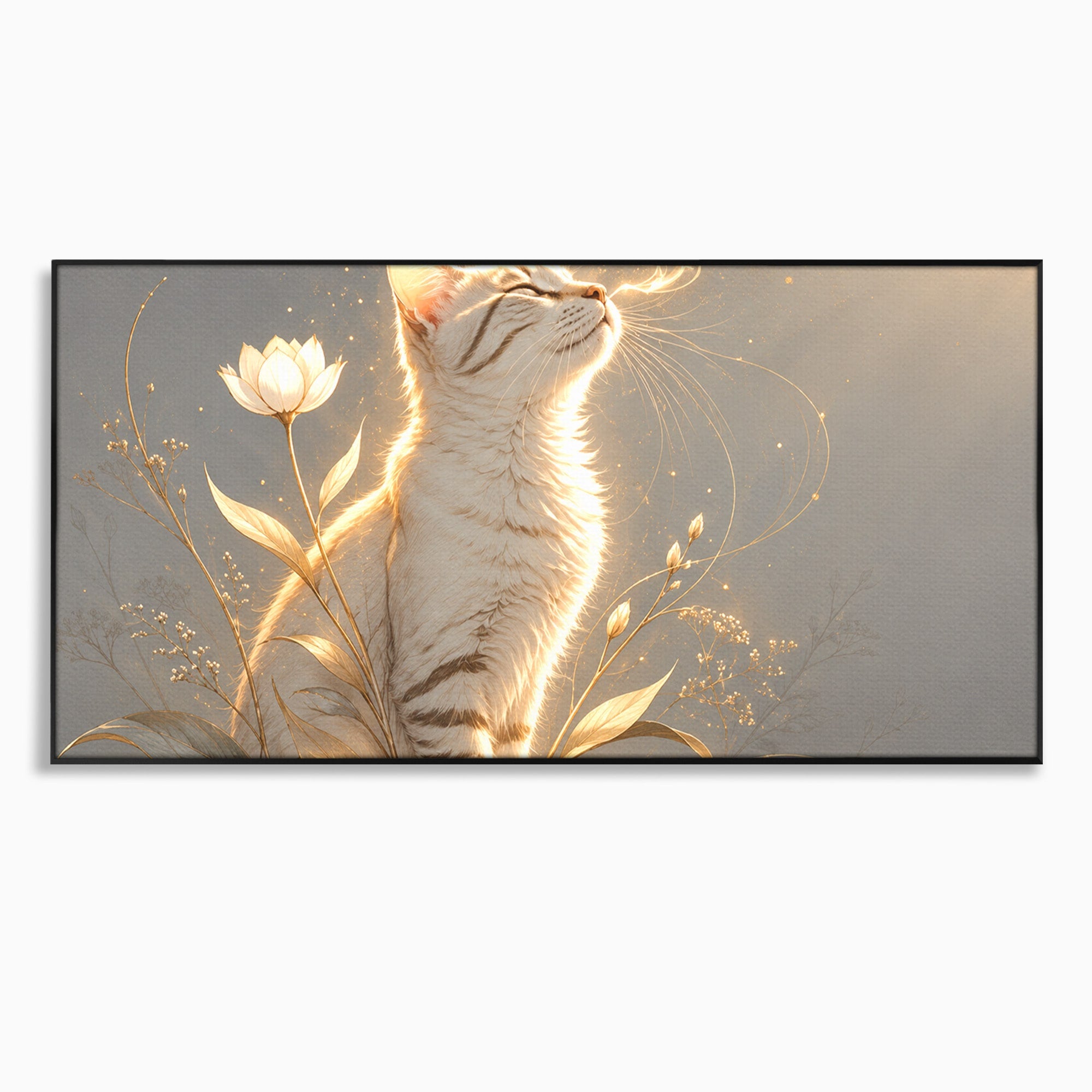 Tablou Canvas Premium LuxCanva® U1183, Pisica Visatoare, Flori, Visare, Eleganta, Pisica, Living, Culori Vibrante
