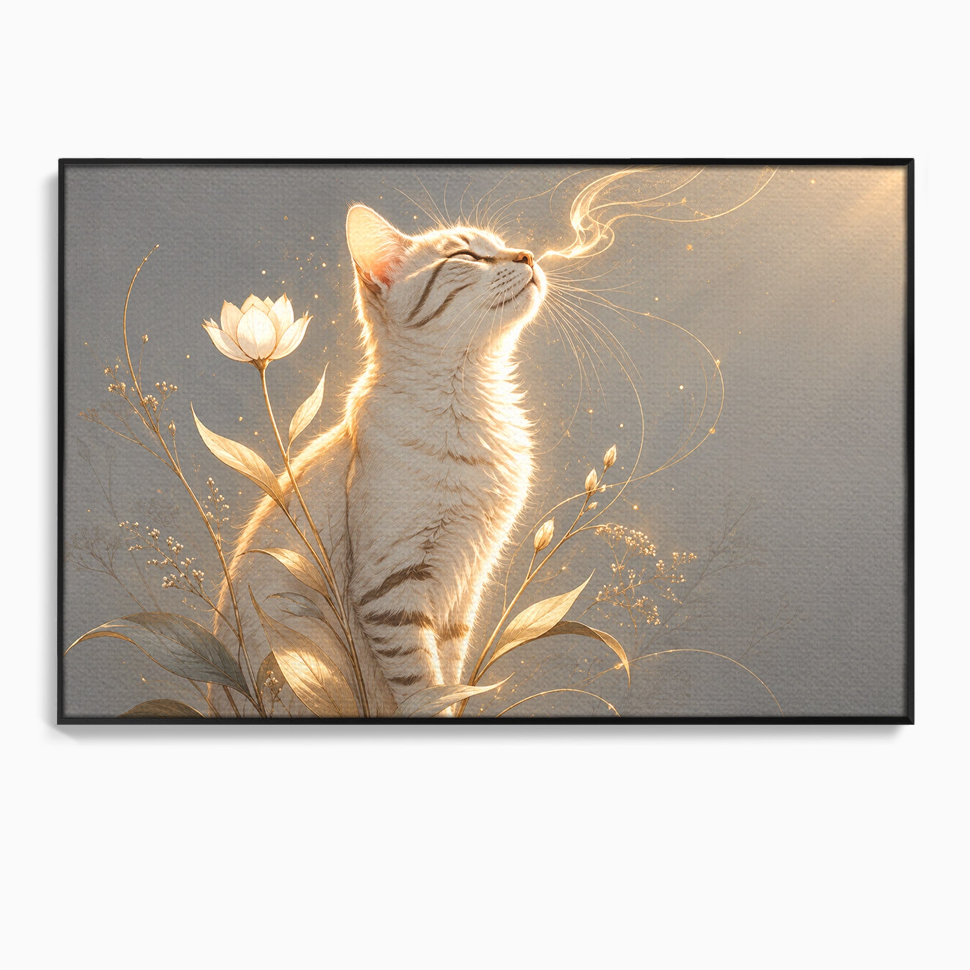 Tablou Canvas Premium LuxCanva® U1183, Pisica Visatoare, Flori, Visare, Eleganta, Pisica, Living, Culori Vibrante