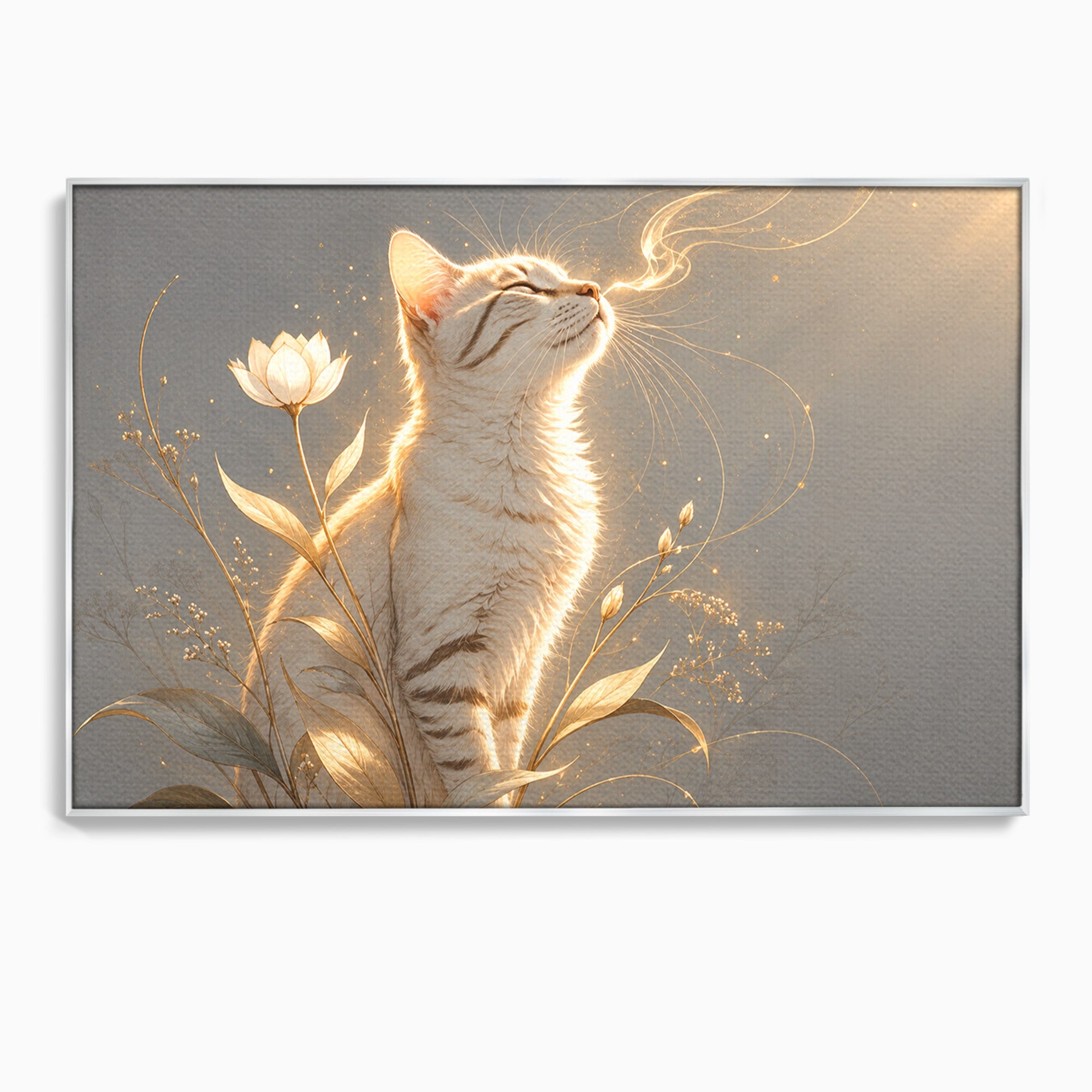 Tablou Canvas Premium LuxCanva® U1183, Pisica Visatoare, Flori, Visare, Eleganta, Pisica, Living, Culori Vibrante