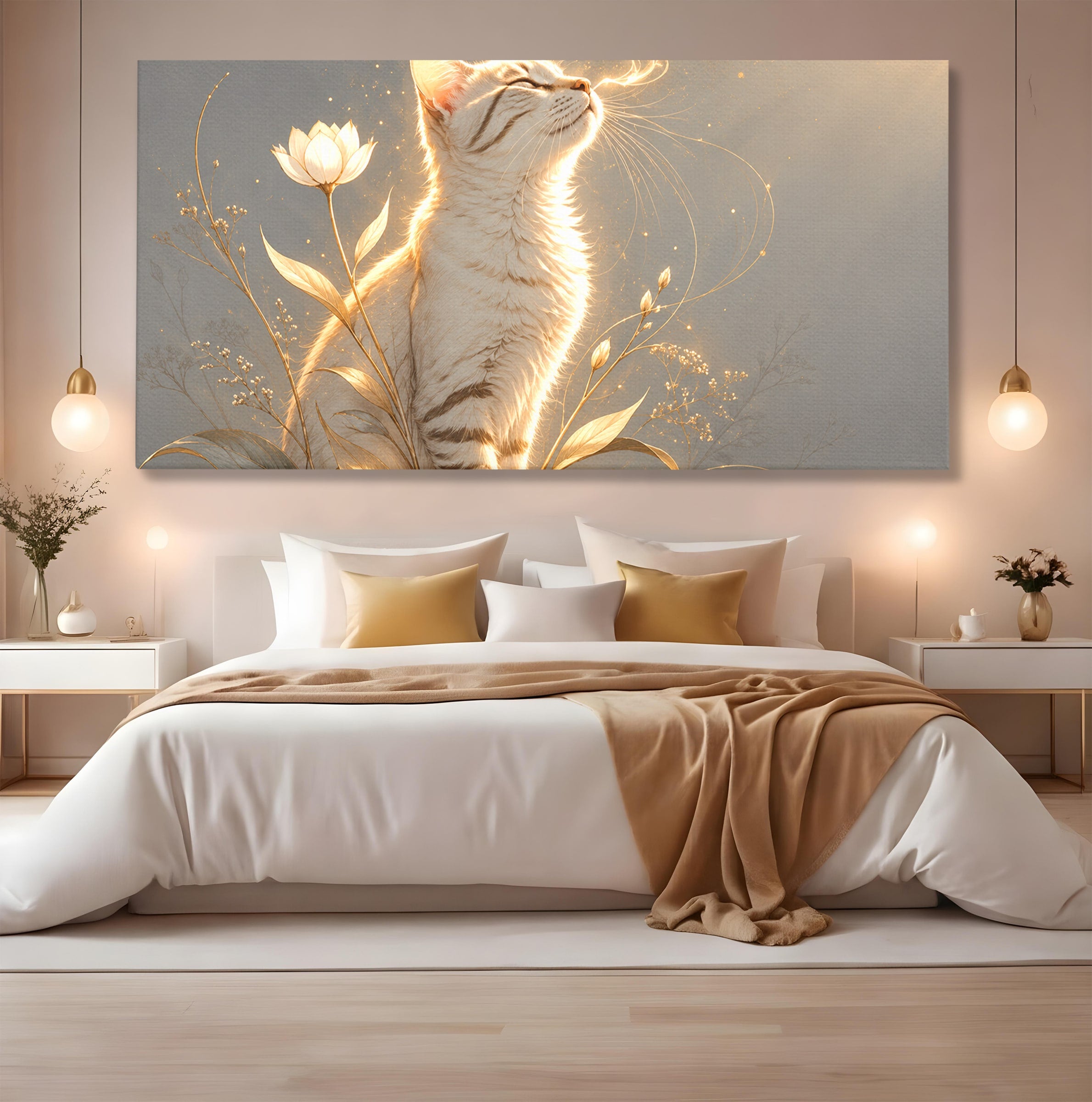 Tablou Canvas Premium LuxCanva® U1183, Pisica Visatoare, Flori, Visare, Eleganta, Pisica, Living, Culori Vibrante
