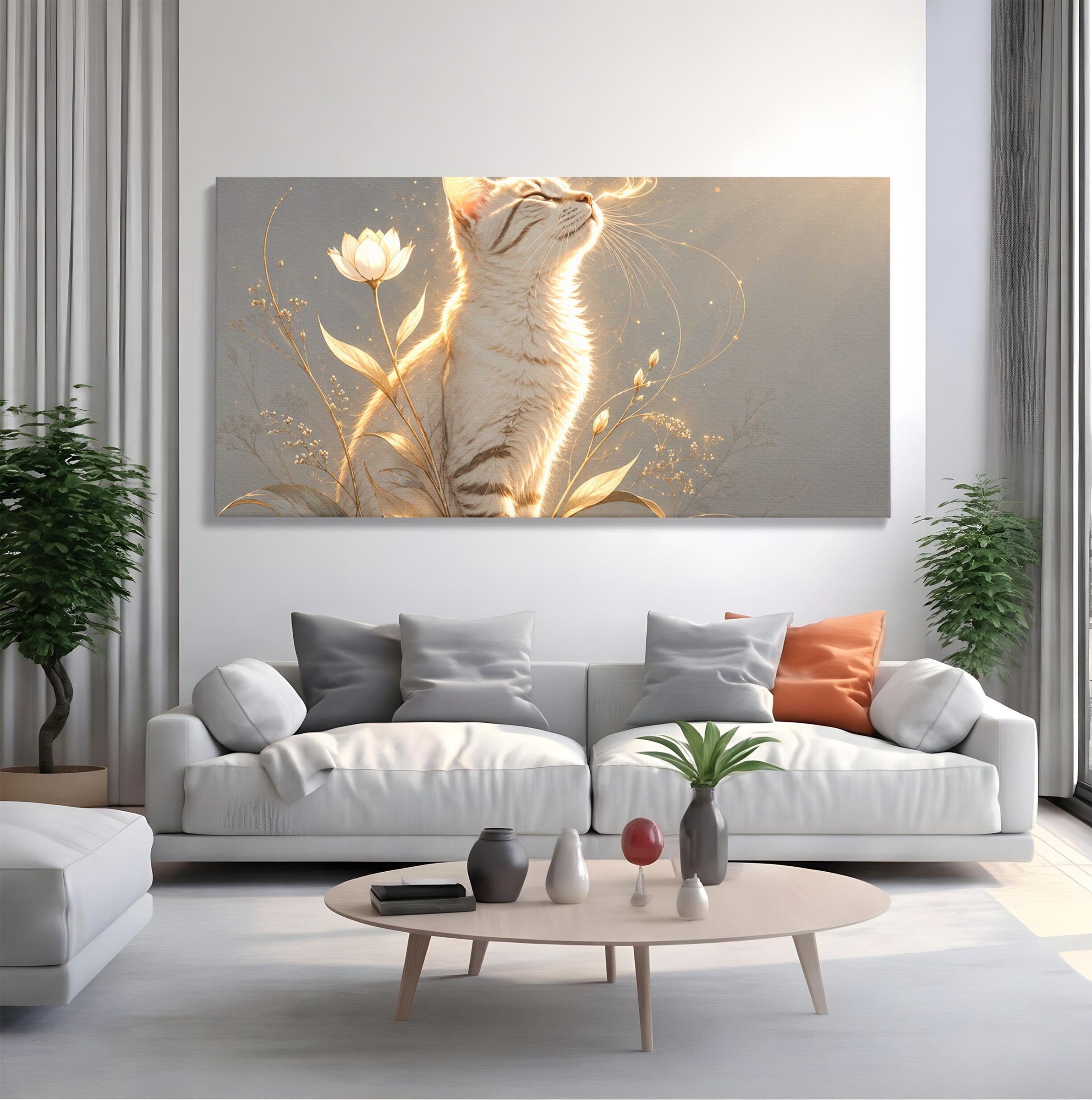 Tablou Canvas Premium LuxCanva® U1183, Pisica Visatoare, Flori, Visare, Eleganta, Pisica, Living, Culori Vibrante