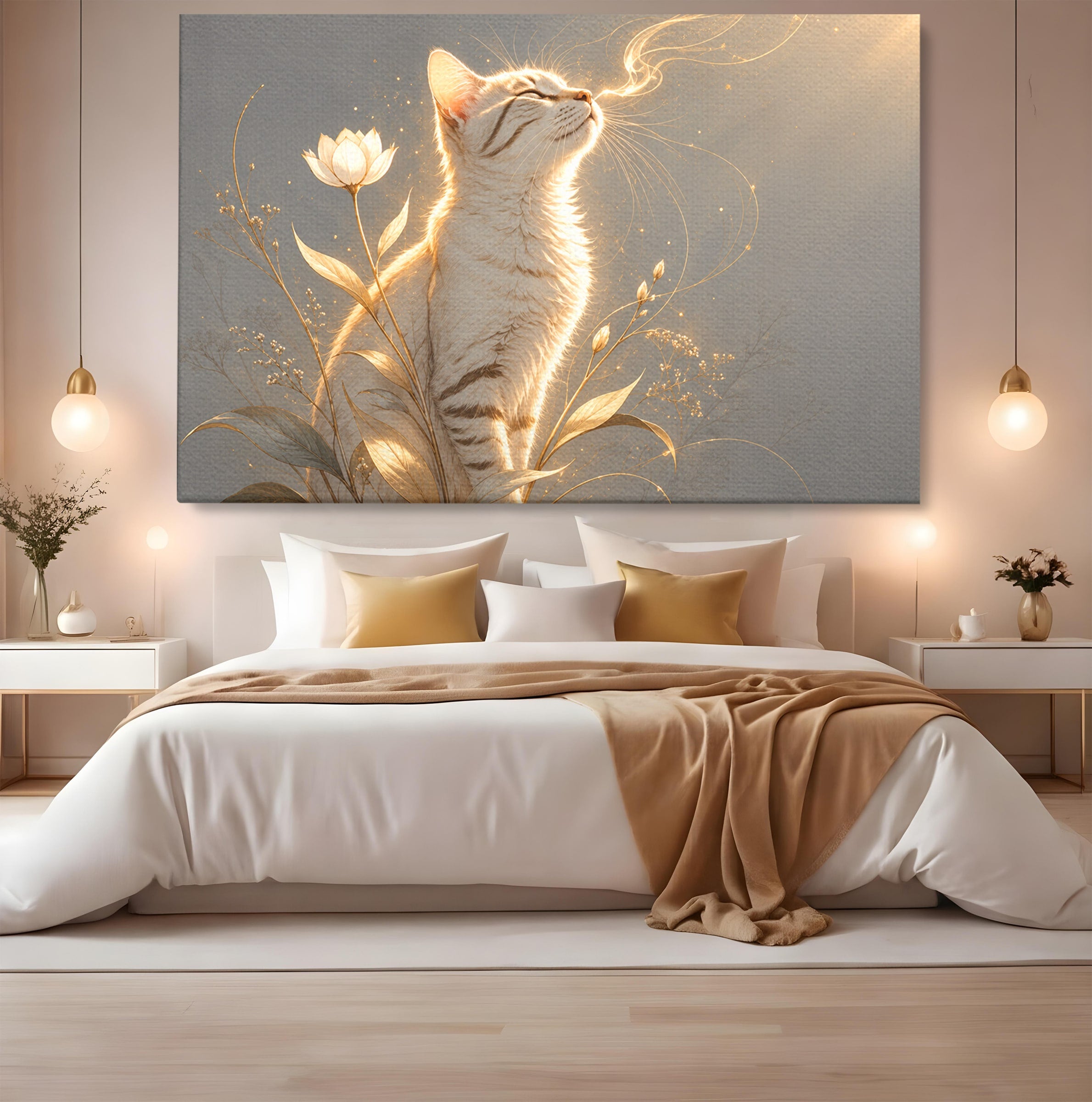 Tablou Canvas Premium LuxCanva® U1183, Pisica Visatoare, Flori, Visare, Eleganta, Pisica, Living, Culori Vibrante