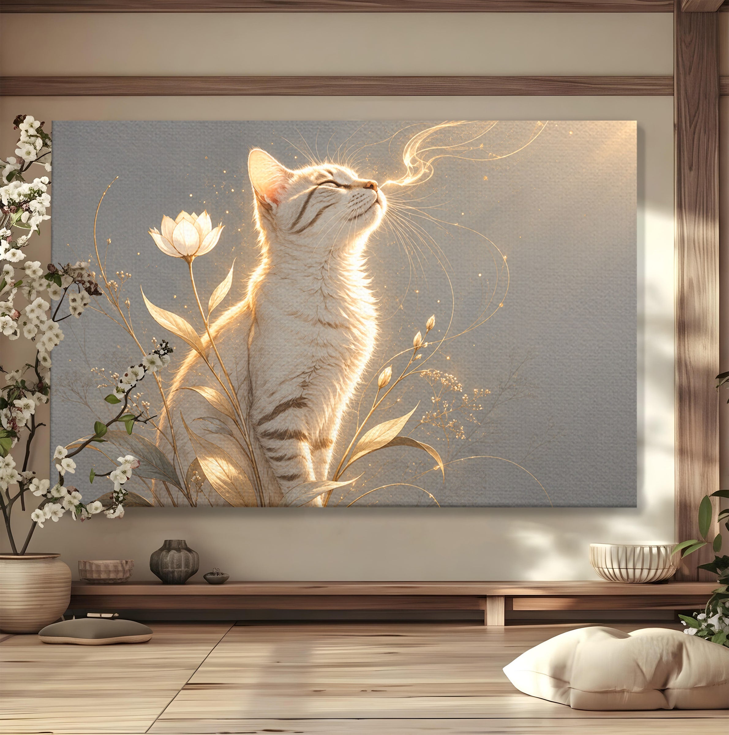 Tablou Canvas Premium LuxCanva® U1183, Pisica Visatoare, Flori, Visare, Eleganta, Pisica, Living, Culori Vibrante