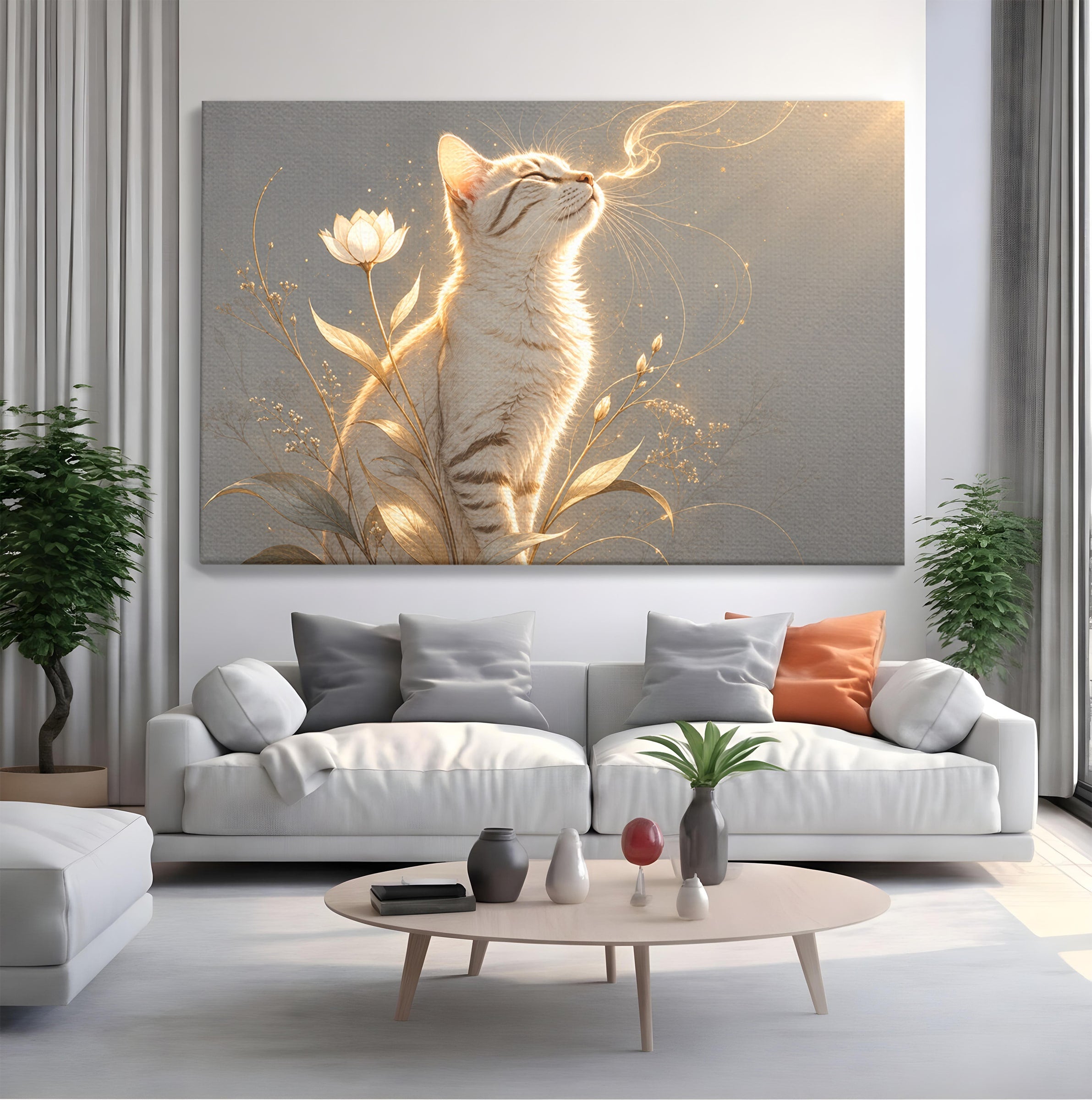 Tablou Canvas Premium LuxCanva® U1183, Pisica Visatoare, Flori, Visare, Eleganta, Pisica, Living, Culori Vibrante