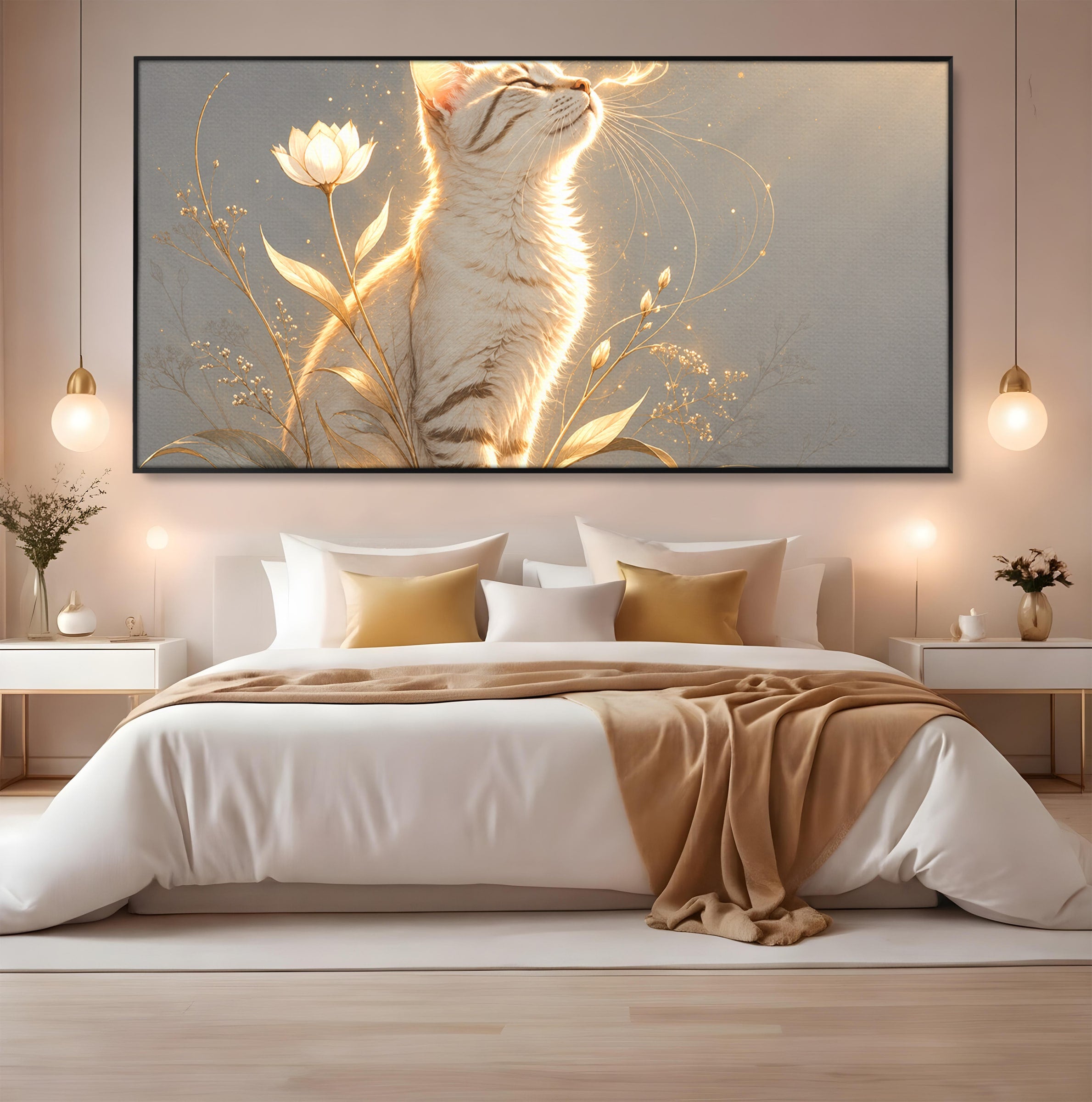 Tablou Canvas Premium LuxCanva® U1183, Pisica Visatoare, Flori, Visare, Eleganta, Pisica, Living, Culori Vibrante