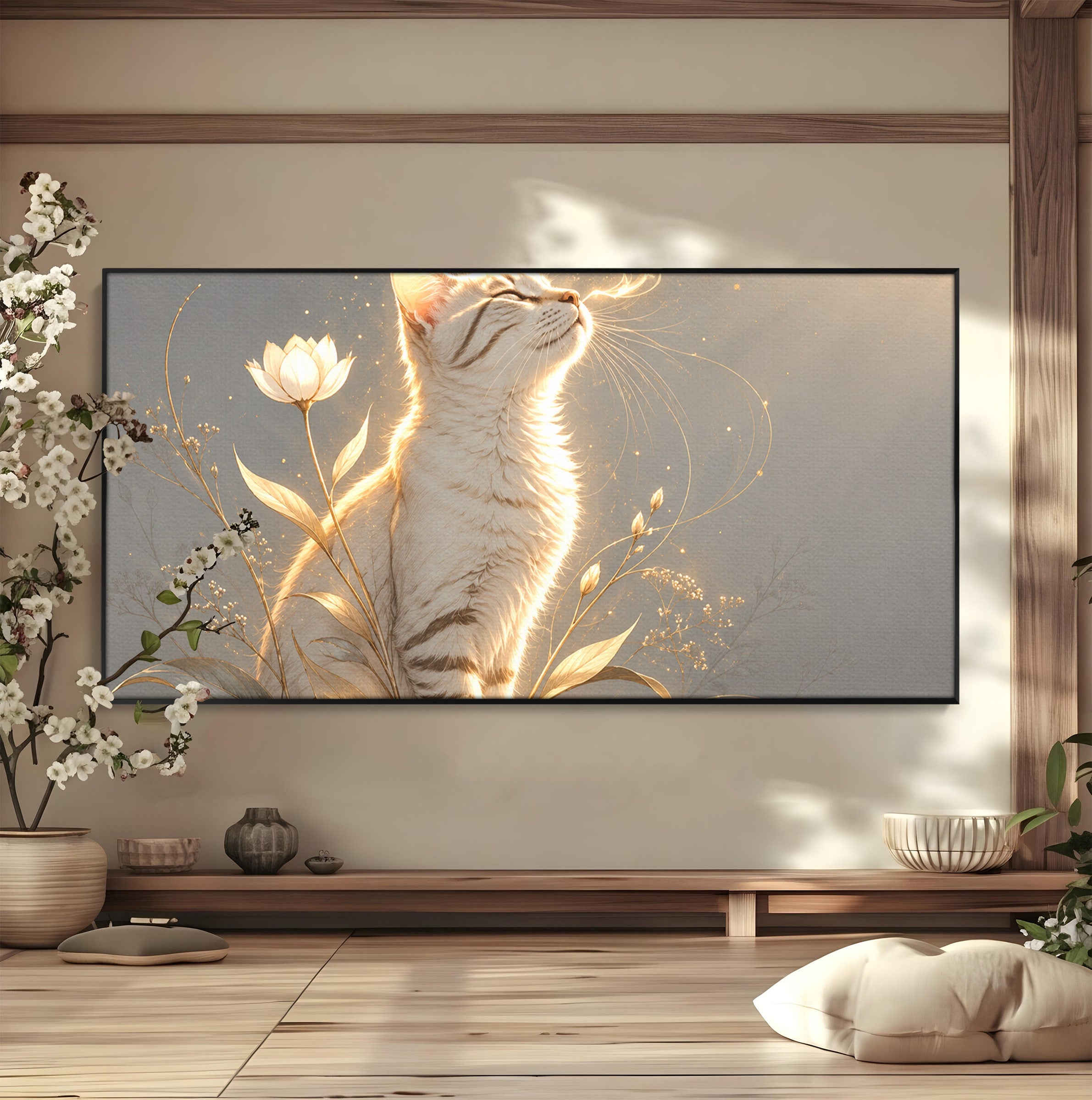 Tablou Canvas Premium LuxCanva® U1183, Pisica Visatoare, Flori, Visare, Eleganta, Pisica, Living, Culori Vibrante