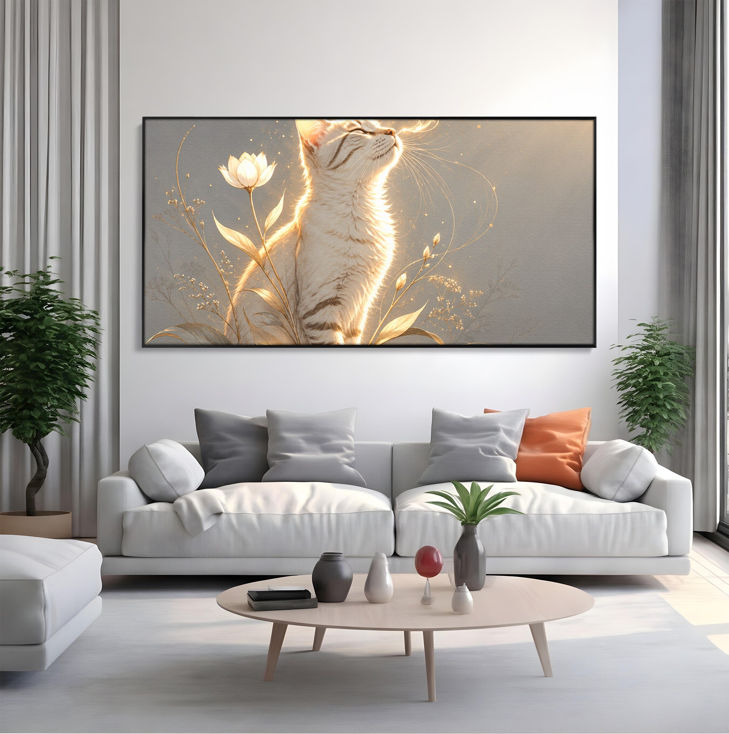 Tablou Canvas Premium LuxCanva® U1183, Pisica Visatoare, Flori, Visare, Eleganta, Pisica, Living, Culori Vibrante