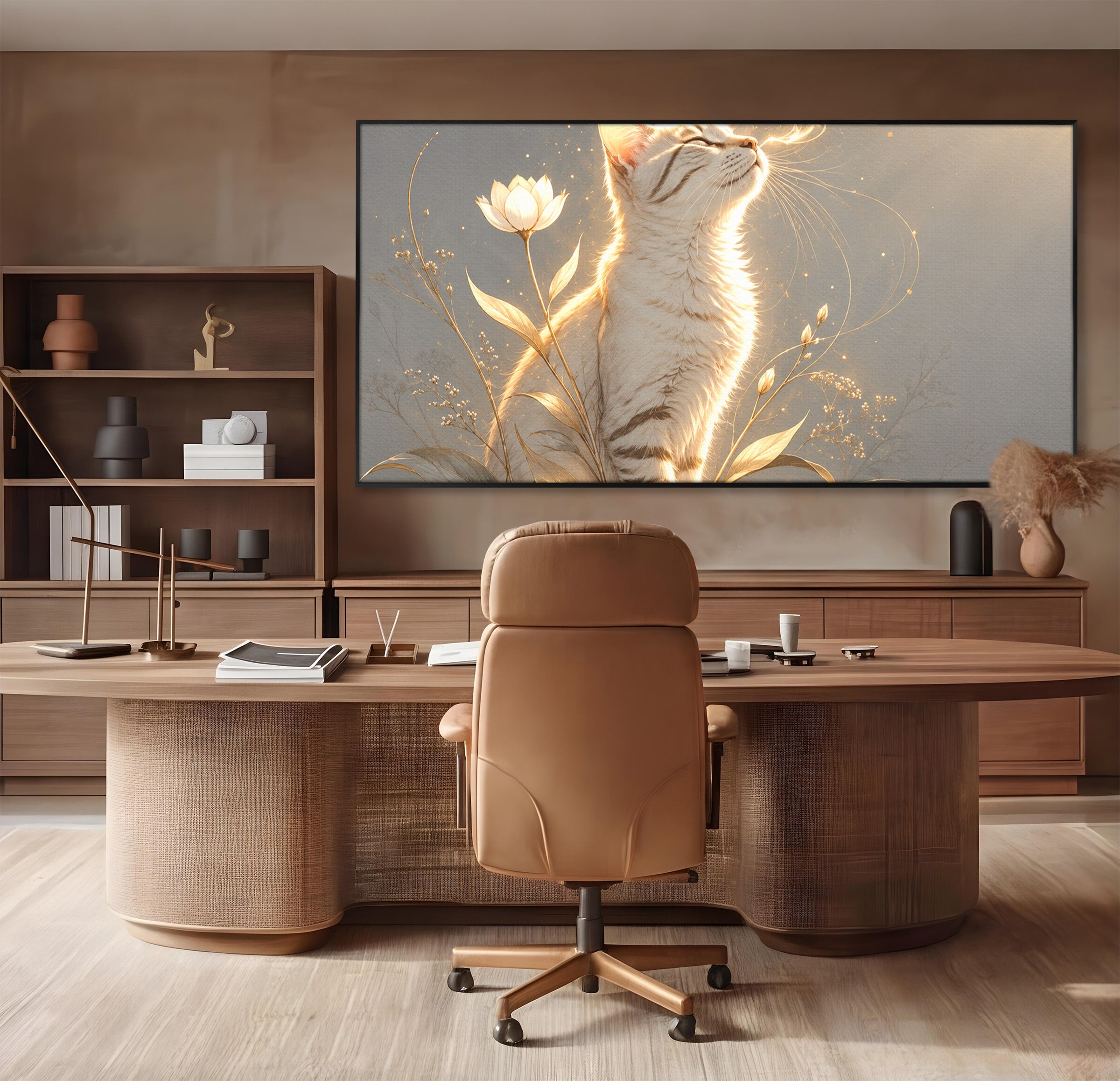 Tablou Canvas Premium LuxCanva® U1183, Pisica Visatoare, Flori, Visare, Eleganta, Pisica, Living, Culori Vibrante