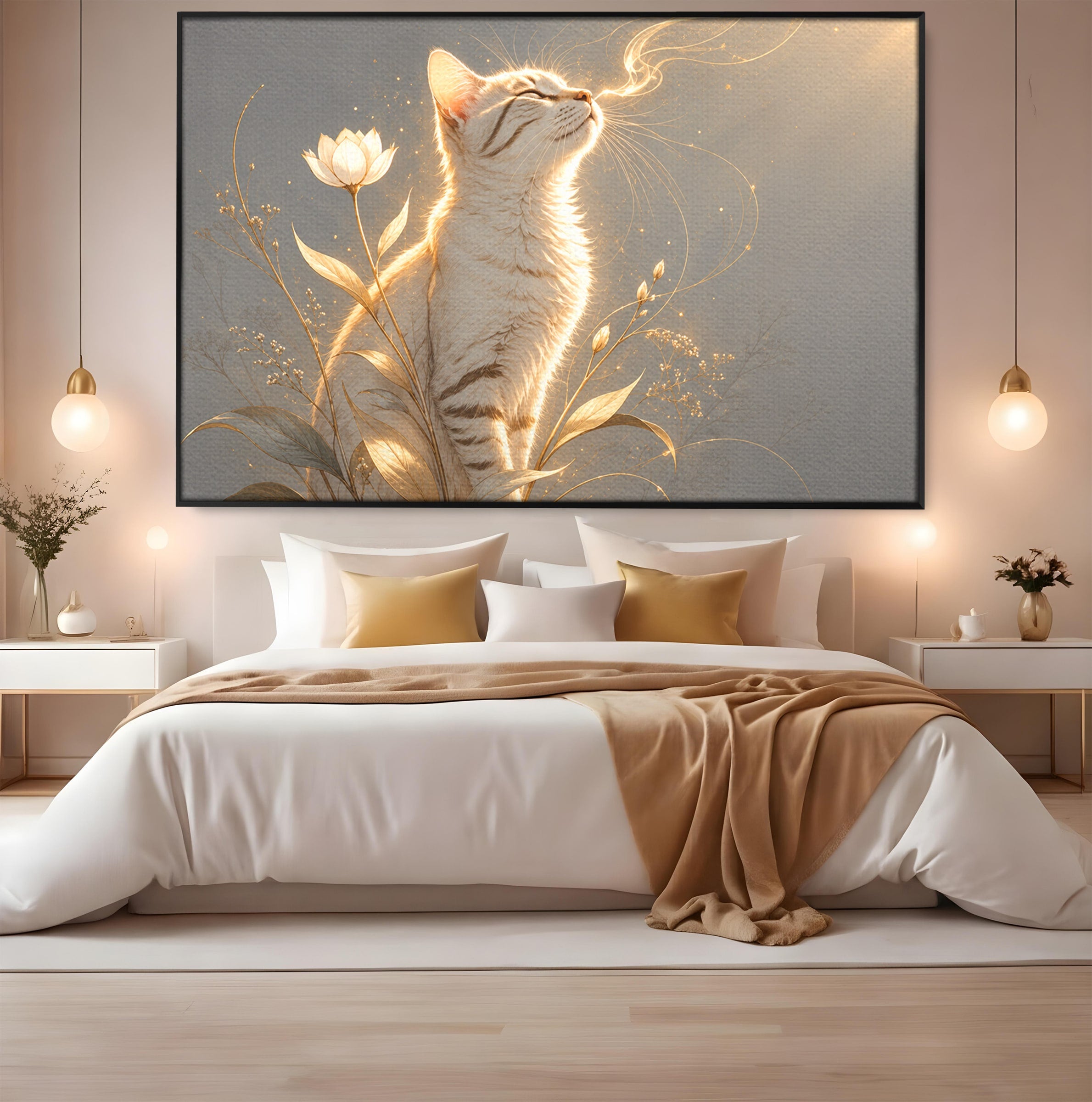Tablou Canvas Premium LuxCanva® U1183, Pisica Visatoare, Flori, Visare, Eleganta, Pisica, Living, Culori Vibrante